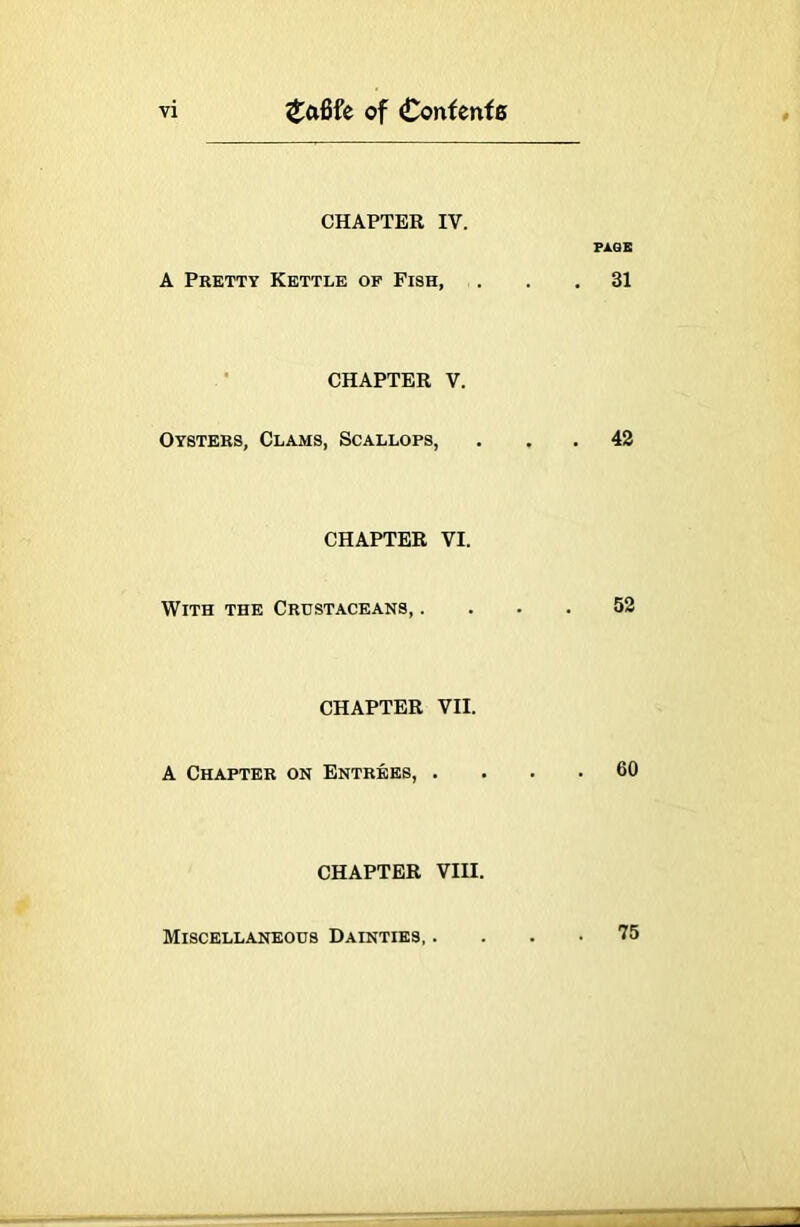 CHAPTER IV. A Pretty Kettle of Fish, CHAPTER V. Oysters, Clams, Scallops, CHAPTER VI. With the Crustaceans, . CHAPTER VII. A Chapter on Entrees, . CHAPTER VIII. PJLOB . 31 42 52 60 Miscellaneous Dainties, . 75