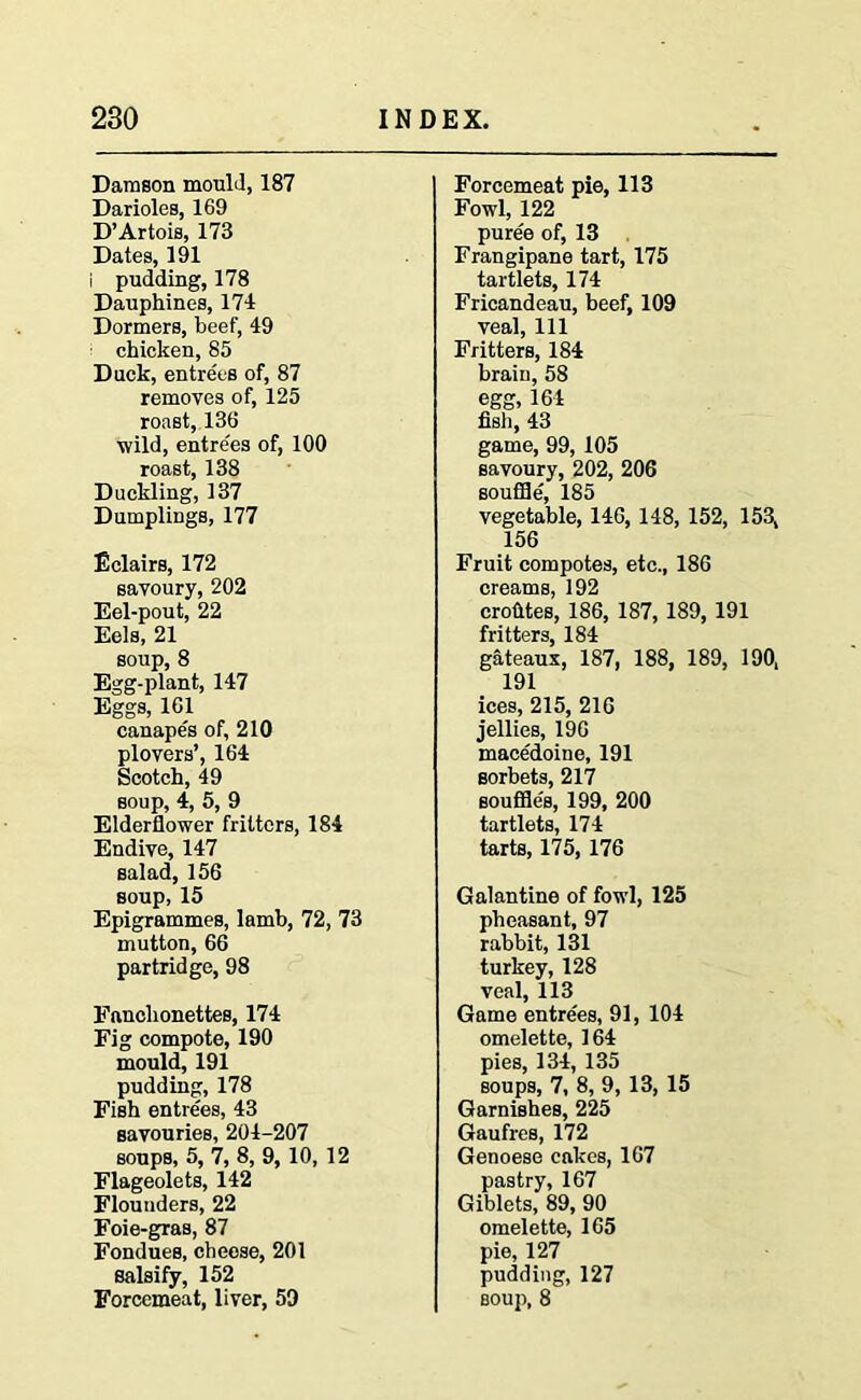 Damson mould, 187 Darioles, 169 D’Artois, 173 Dates, 191 i pudding, 178 Dauphines, 174 Dormers, beef, 49 chicken, 85 Duck, entrees of, 87 removes of, 125 roast, 136 wild, entre'es of, 100 roast, 138 Duckling, 137 Dumplings, 177 Eclairs, 172 savoury, 202 Eel-pout, 22 Eels, 21 soup, 8 Egg-plant, 147 Eggs, 161 canape's of, 210 plovers’, 164 Scotch, 49 soup, 4, 5, 9 Elderflower fritters, 184 Endive, 147 salad, 156 soup, 15 Epigrammes, lamb, 72, 73 mutton, 66 partridge, 98 Fanclionettes, 174 Fig compote, 190 mould, 191 pudding, 178 Fish entrees, 43 savouries, 204-207 soups, 5, 7, 8, 9, 10, 12 Flageolets, 142 Flounders, 22 Foie-gras, 87 Fondues, cheese, 201 salsify, 152 Forcemeat, liver, 59 Forcemeat pie, 113 Fowl, 122 puree of, 13 Frangipane tart, 175 tartlets, 174 Fricandeau, beef, 109 veal, 111 Fritters, 184 brain, 58 egg, 164 fish, 43 game, 99, 105 savoury, 202, 206 souffle, 185 vegetable, 146, 148, 152, 153, 156 Fruit compotes, etc., 186 creams, 192 crohtes, 186, 187, 189, 191 fritters, 184 gateaux, 187, 188, 189, 190, 191 ices, 215, 216 jellies, 196 mace'doine, 191 sorbets, 217 souffle's, 199, 200 tartlets, 174 tarts, 175, 176 Galantine of fowl, 125 pheasant, 97 rabbit, 131 turkey, 128 veal, 113 Game entrees, 91, 104 omelette, 164 pies, 134, 135 soups, 7, 8, 9, 13, 15 Garnishes, 225 Gaufres, 172 Genoese cakes, 167 pastry, 167 Giblets, 89, 90 omelette, 165 pie, 127 pudding, 127 soup, 8