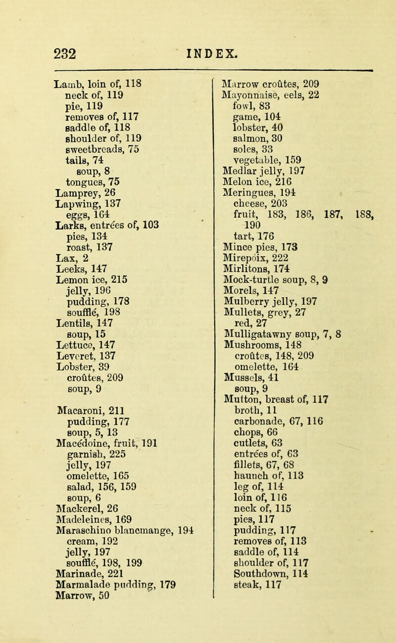 Lamb, loin of, 118 neck of, 119 pie, 119 removes of, 117 saddle of, 118 shoulder of, 119 sweetbreads, 75 tails, 74 soup, 8 tongues, 75 Lamprey, 26 Lapwing, 137 eggs, 164 ^ Larks, entrees of, 103 pies, 134 roast, 137 Lax, 2 Leeks, 147 Lemon ice, 215 jelly, 196 pudding, 178 souffle, 198 Lentils, 147 soup, 15 Lettuce, 147 Leveret, 137 Lobster, 39 crohtes, 209 soup, 9 Macaroni, 211 pudding, 177 soup, 5, 13 Mace'doine, fruit, 191 garnish, 225 jelly, 197 omelette, 165 salad, 156, 159 soup, 6 Mackerel, 26 Madeleines, 169 Maraschino blancmange, 194 cream, 192 jelly, 197 souffle, 198, 199 Marinade, 221 Marmalade pudding, 179 Marrow, 50 Marrow crofttes, 209 Mayonnaise, eels, 22 fowl, 83 game, 104 lobster, 40 salmon, 30 soles, 33 vegetable, 159 Medlar jelly, 197 Melon ice, 216 Meringues, 194 cheese, 203 fruit, 183, 186, 187, 188, 190 tart, 176 Mince pies, 173 Mirepoix, 222 Mirlitons, 174 Mock-turtle soup, 8, 9 Morels, 147 Mulberry jelly, 197 Mullets, grey, 27 red, 27 Mulligatawny soup, 7, 8 Mushrooms, 148 crohtes, 148, 209 omelette, 164 Mussels, 41 soup, 9 Mutton, breast of, 117 broth, 11 carbonade, 67, 116 chops, 66 cutlets, 63 entre'es of, 63 fillets, 67, 68 haunch of, 113 leg of, 114 loin of, 116 neck of, 115 pies, 117 pudding, 117 removes of, 113 saddle of, 114 shoulder of, 117 Southdown, 114 steak, 117