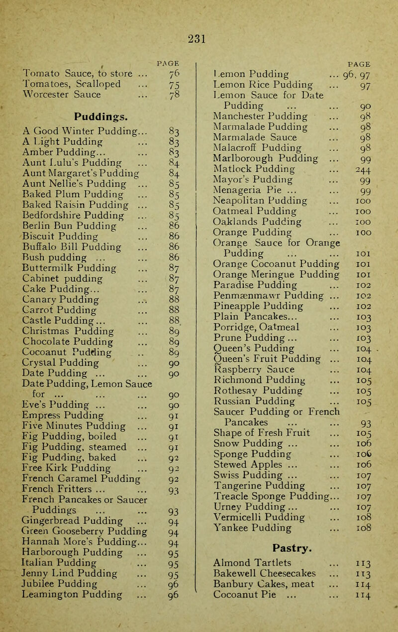 f PAGE Tomato Sauce, to store ... 76 Tomatoes, Scalloped ... 75 Worcester Sauce ... 78 Puddings. A Good Winter Pudding A l.igbt Pudding Amber Pudding... Aunt Lulu's Pudding Aunt Margaret's Pudding Aunt Nellie's Pudding Baked Plum Pudding Baked Raisin Pudding Bedfordshire Pudding Berlin Bun Pudding Biscuit Pudding Buffalo Bill Pudding Bush pudding ... Buttermilk Pudding Cabinet pudding Cake Pudding... Canary Pudding Carrot Pudding Chstle Pudding... Christmas Pudding Chocolate Pudding Cocoanut Pudding Crystal Pudding Date Pudding ... Date Pudding, Lemon Sau for ... Eve’s Pudding ... Empress Pudding Five Minutes Pudding Fig Pudding, boiled Fig Pudding, steamed ... Fig Pudding, baked Free Kirk Pudding French Caramel Pudding French Fritters ... French Pancakes or Saucer Puddings Gingerbread Pudding Green Gooseberry Pudding Hannah More’s Pudding... Harborough Pudding Italian Pudding Jenny Lind Pudding Jubilee Pudding Leamington Pudding 83 83 83 84 84 85 85 85 85 86 86 86 86 87 8? 87 88 88 88. 89 89 89 90 90 90 90 91 9i 9i 91 92 92 92 93 93 94 94 94 95 95 95 96 96 PAGE Lemon Pudding ... 96, 97 Lemon Rice Pudding ... 97 Lemon Sauce for Date Pudding ... ... 90 Manchester Pudding ... 98 Marmalade Pudding ... 98 Marmalade Sauce ... 98 Malacroff Pudding ... 98 Marlborough Pudding ... 99 Matlock Pudding ... 244 Mayor’s Pudding ... 99 Menageria Pie ... ... 99 Neapolitan Pudding ... 100 Oatmeal Pudding ... 100 Oaklands Pudding ... 100 Orange Pudding ... 100 Orange Sauce for Orange Pudding ... ... 101 Orange Cocoanut Pudding 101 Orange Meringue Pudding 101 Paradise Pudding ... 102 Penmsenmawr Pudding ... 102 Pineapple Pudding ... 102 Plain Pancakes... ... 103 Porridge, Oatmeal ... 103 Prune Pudding... ... 103 Queen’s Pudding ... 104 . Queen’s Fruit Pudding ... 104 Raspberry Sauce ... 104 Richmond Pudding ... 105 Rothesay Pudding ... 105 Russian Pudding ... 105 Saucer Pudding or French Pancakes ... ... 93 Shape of Fresh Fruit ... 105 Snow Pudding ... ... 106 Sponge Pudding ... 106 Stewed Apples ... ... 106 Swiss Pudding ... ... 107 Tangerine Pudding ... 107 Treacle Sponge Pudding... 107 Urney Pudding... ... 107 Vermicelli Pudding ... 108 Yankee Pudding ... 108 Pastry. Almond Tartlets ... 113 Bakewell Cheesecakes ... 113 Banbury Cakes, meat ... 114 Cocoanut Pie ... ... 114