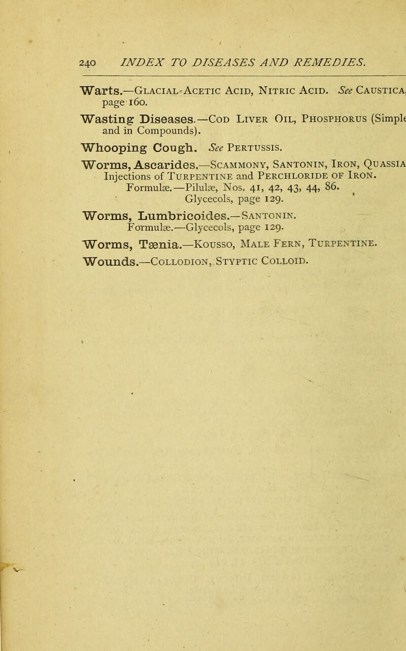 Warts.—Glacial-Acetic Acid, Nitric Acid. See Caustica. page 160. Wasting Diseases.—Cod Liver Oil, Phosphorus (Simple and in Compounds). Whooping Cough. See Pertussis. Worms, Asearides.—Scammony, Santonin, Iron, Quassia Injections of Turpentine and Perchloride of Iron. Formube.—Pilulse, Nos. 41, 42, 43, 44, 86. Glycecols, page 129. Worms, Lumbricoides.—Santonin. Formulse.—Glycecols, page 129. Worms, Tsenia.—Kousso, Male Fern, Turpentine. Wounds.—Collodion, Styptic Colloid.