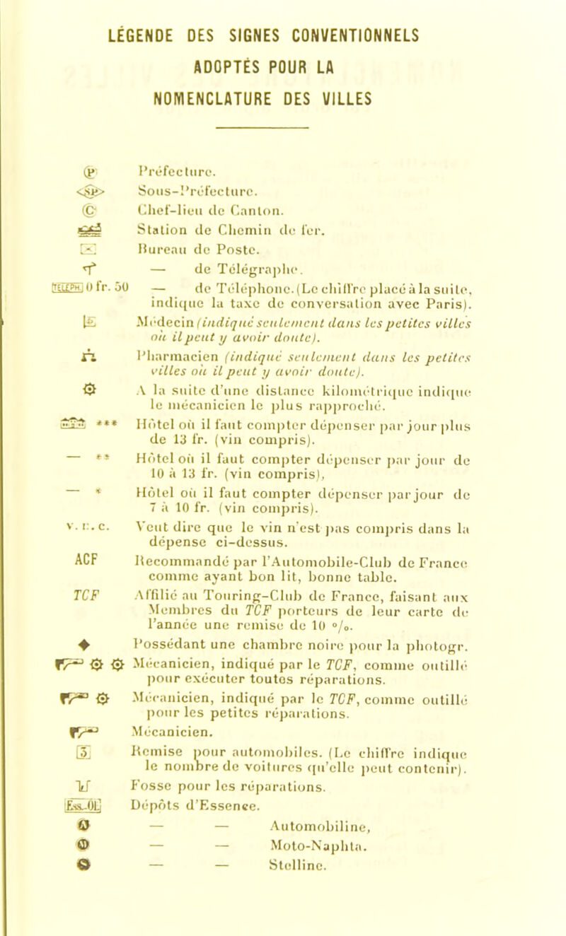 ADOPTÉS POUR LA NOMENCLATURE DES VILLES Préfecture. Sous-Préfecture. <ê Chef-lieu de Canlon. Station de Chemin do fer. E liureau de Poste. — de Télégraphe. naigH]() fr. 5u — de Téléphonc.(Lc chiffre placé à la suite, indique la taxe de conversation avec Paris). l£ Médecin f indique seulement dans les petites villes oit il peut y avoir doute). ri Pharmacien (indiqué seulement dans les petites villes oit il peut y avoir doute). 0 A la suite d’une distance kilométrique indique le mécanicien le plus rapproché. *** Hôtel où il faut compter dépenser par jour plus de 13 fr. (vin compris). t* Hôtel où il faut compter dépenser par jour de 10 à 13 fr. (vin compris), * Hôtel où il faut compter dépenser par jour de 7 à 10 fr. (vin compris). v. i:. c. Veut dire que le vin n'est pas compris dans la dépense ci-dessus. ACF Recommandé par l’Automobile-Club de France comme ayant bon lit, bonne table. TCF Affilié au Touring-Club de France, faisant aux Membres du TCF porteurs de leur carte de l’année une remise de 10 »/<>. ♦ Possédant une chambre noire pour la photogr. Mécanicien, indiqué par le TCF, comme outillé pour exécuter toutos réparations. fç» 0 Mécanicien, indiqué par le TCF, comme outillé pour les petites réparations. ip“ Mécanicien. QD Kcmise pour automobiles. (Le chiffre indique le nombre de voitures qu’elle peut contenir). U Fosse pour les réparations. (SSPII Dépôts d’Essenee. o — — Automobiline, © — Moto-Naphta. O — — Stelline.