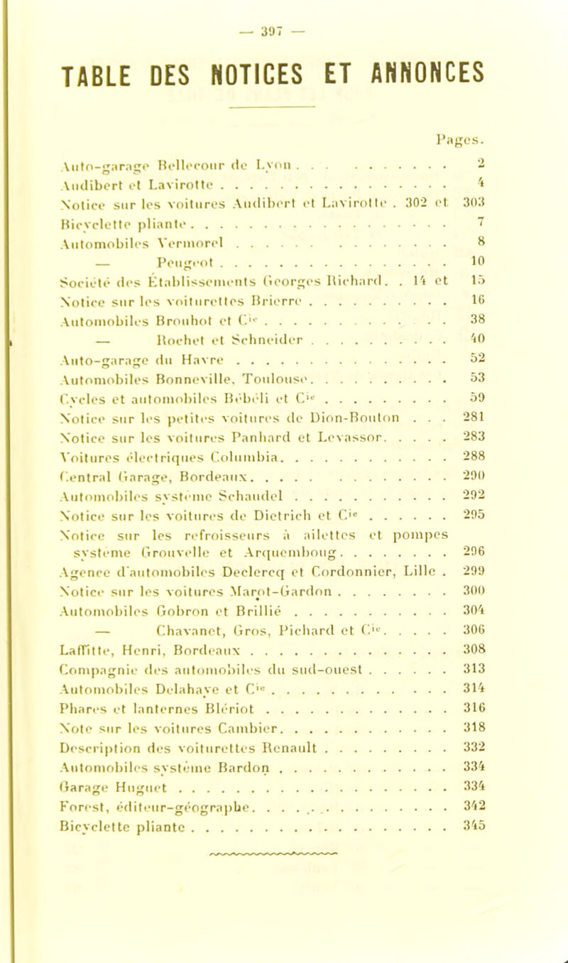 TABLE DES NOTICES ET ANNONCES Pages. Auto-garage Bellecotir de Lyon 2 Audibert et Lavirotte 4 Notice sur les voitures Audibert et Lavirotte . 302 et 303 Bicyclette pliante 7 Automobiles Vermorel 8 — Peugeot 10 Société des Établissements Georges Richard. . 14 et 15 Notice sur les voiturettes Brierre 10 Automobiles Brouhot et C,e 38 — Hochet et Schneider 40 Auto-garage du Havre 52 Automobiles Bonneville, Toulouse 53 C.vclcs et automobiles Bébéli et C,e 59 Notice sur les petites voitures de Dion-Bouton . . . 281 Notice sur les voitures Panhard et Levassor 283 Voitures électriques Columbia 288 Central Garage, Bordeaux 290 Automobiles système Schaudel 292 Notice sur les voitures de Dietrieh et C,e 295 Notice sur les refroisseurs à ailettes et pompes système Grouvelle et Arquemboug 296 Agence d’automobiles Declercq et Cordonnier, Lille . 299 Notice sur les voitures Marot-Gardon 300 Automobiles Gobron et Brillié 304 — Chavanet, Gros, Richard et C,e 306 LafTitte, Henri, Bordeaux 308 Compagnie des automobiles du sud-ouest 313 Automobiles Delahaye et C'e 314 Phares et lanternes Blériot 316 Note sur les voitures Cambier 318 Description des voiturettes Renault 332 Automobiles système Bardon 334 Garage Huguet 334 Forest, éditeur-géographe. . . 342 Bicyclette pliante 345