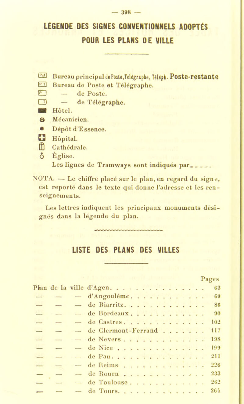 ® 0 B 01 © POUR LES PLANS DE VILLE Bureau principal Je Poste,Télégraphe, Télépk. Poste-restante Bureau de Poste et Télégraphe. — de Poste. — de Télégraphe. Hôtel. Mécanicien. • Dépôt d’Essence. ■ 2 Hôpital. (5 Cathédrale. 6 Église. Les lignes de Tramways sont indiqués par NOTA. — Le chiffre placé sur le plan, en regard du signe, est reporté dans le texte qui donne l’adresse et les ren- seignements. Les lettres indiquent les principaux monuments dési- gnés dans la légende du plan. LISTE DES PLANS DES VILLES Pages Plan de la ville d’Agen G3 — — — d’Angoulême 69 — — — de Biarritz 86 — — — de Bordeaux 90 — — — de Castres 102 — — —-de Clermont-Ferrand 117 — — — de Nevers 198 — — — de Nice 199 — — — de Pau 211 — — — de Reims 226 — — — de Rouen 233 — — —-de Toulouse 262 — — — de Tours 26 i