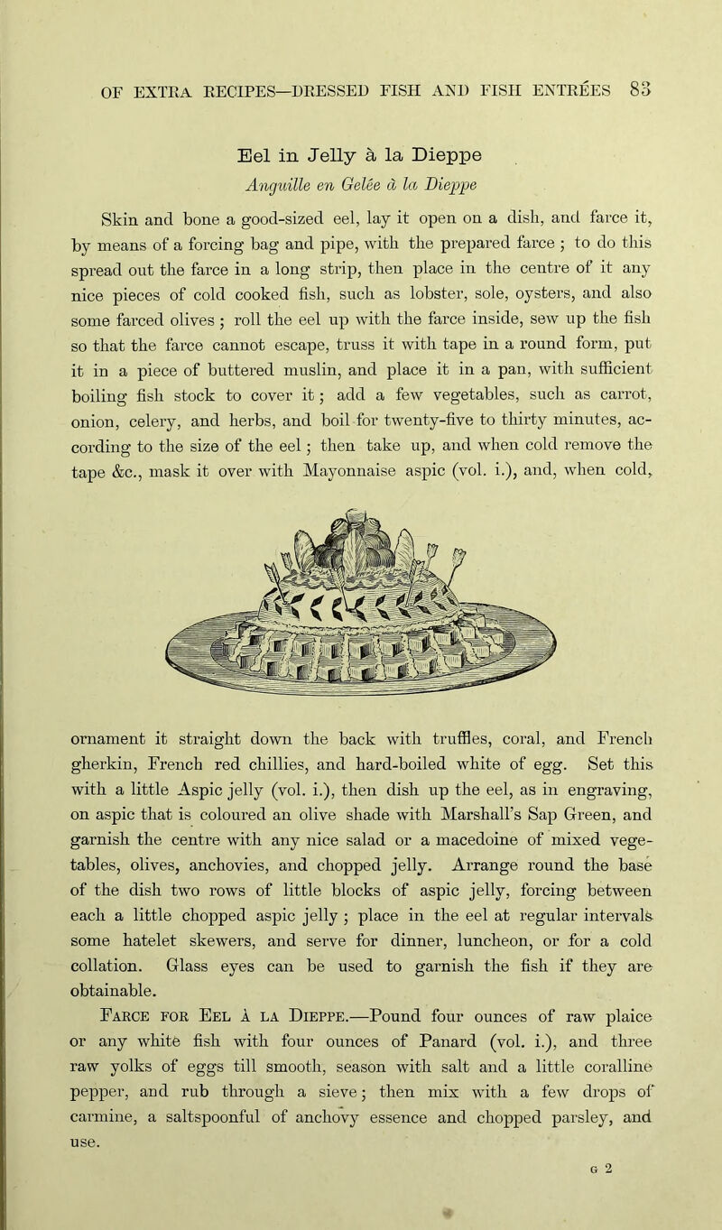 Bel in Jelly a la Dieppe Anguille en Gelee d la Dieppe Skin and bone a good-sized eel, lay it open on a dish, and farce it, by means of a forcing bag and pipe, with the prepared farce ; to do this spread out the farce in a long strip, then place in the centre of it any nice pieces of cold cooked fish, such as lobster, sole, oysters, and also some farced olives ; roll the eel up with the farce inside, sew up the fish so that the farce cannot escape, truss it with tape in a round form, put it in a piece of buttered muslin, and place it in a pan, with sufficient boiling fish stock to cover it; add a few vegetables, such as carrot, onion, celery, and herbs, and boil for twenty-five to thirty minutes, ac- cording to the size of the eel; then take up, and when cold remove the tape &c., mask it over with Mayonnaise aspic (vol. i.), and, when cold. ornament it straight down the back with truffles, coral, and French gherkin, French red chillies, and hard-boiled white of egg. Set this with a little Aspic jelly (vol. i.), then dish up the eel, as in engraving, on aspic that is coloured an olive shade with Marshall’s Sap Green, and garnish the centre with any nice salad or a macedoine of mixed vege- tables, olives, anchovies, and chopped jelly. Arrange round the base of the dish two rows of little blocks of aspic jelly, forcing between each a little chopped aspic jelly ; place in the eel at regular intervals some hatelet skewers, and serve for dinner, luncheon, or for a cold collation. Glass eyes can be used to garnish the fish if they are obtainable. Farce for Eel a la Dieppe.—Pound four ounces of raw plaice or any white fish with four ounces of Panard (vol. i.), and three raw yolks of eggs till smooth, season with salt and a little coralline pepper, and rub through a sieve; then mix with a few drops of carmine, a saltspoonful of anchovy essence and chopped parsley, and g 2 use.