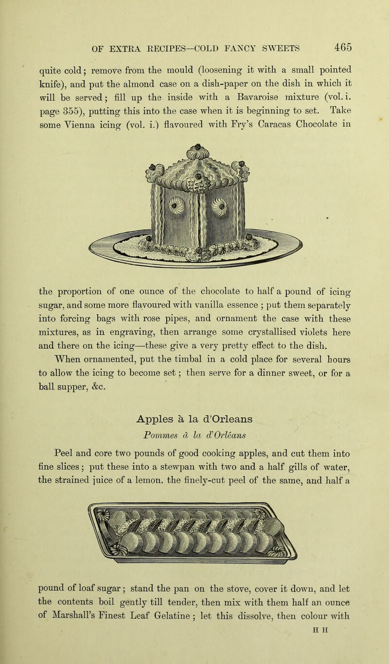 quite cold; remove from the mould (loosening it with a small pointed knife), and put the almond case on a dish-paper on the dish in which it will be served; fill up the inside with a Bavaroise mixture (vol. i. page 355), putting this into the case when it is beginning to set. Take some Vienna icing (vol. i.) flavoured with Fry’s Caracas Chocolate in the proportion of one ounce of the chocolate to half a pound of icing sugar, and some more flavoured with vanilla essence ; put them separately into forcing bags with rose pipes, and ornament the case with these mixtures, as in engraving, then arrange some crystallised violets here and there on the icing—-these give a very pretty effect to the dish. When ornamented, put the timbal in a cold place for several hours to allow the icing to become set; then serve for a dinner sweet, or for a ball supper, &c. Apples a la d’Orleans Pommes a la d’Orleans Peel and core two pounds of good cooking apples, and cut them into fine slices; put these into a stewpan with two and a half gills of water, the strained juice of a lemon, the finely-cut peel of the same, and half a pound of loaf sugar; stand the pan on the stove, cover it down, and let the contents boil gently till tender, then mix with them half an ounce of Marshall’s Finest Leaf Gelatine; let this dissolve, then colour with H H