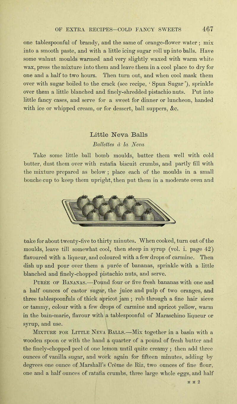 one tablespoonful of brandy, and the same of orange-flower water ; mix into a smooth paste, and with a little icing sugar roll up into balls. Have some walnut moulds warmed and very slightly waxed with warm white wax, press the mixture into them and leave them in a cool place to dry for one and a half to two hours. Then turn out, and when cool mask them over with sugar boiled to the crack (see recipe, ‘ Spun Sugar’), sprinkle over them a little blanched and finely-shredded pistachio nuts. Put into little fancy cases, and serve for a sweet for dinner or luncheon, handed with ice or whipped cream, or for dessert, ball suppers, &c. Little Neva Balls Ballettes cl la Neva Take some little ball bomb moulds, butter them well with cold butter, dust them over with ratafia biscuit crumbs, and partly fill with the mixture prepared as below • place each of the moulds in a small bouche cup to keep them upright, then put them in a moderate oven and bake for about twenty-five to thirty minutes. When cooked, turn out of the moulds, leave till somewhat cool, then steep in syrup (vol. i. page 42) flavoured with a liqueur, and coloured with a few drops of carmine. Then dish up and pour over them a puree of bananas, sprinkle with a little blanched and finely-chopped pistachio nuts, and serve. Puree of Bananas.—Pound four or five fresh bananas with one and a half ounces of castor sugar, the juice and pulp of two oranges, and three tablespoonfuls of thick apricot jam ; rub through a fine hair sieve or tammy, colour with a few drops of carmine and apricot yellow, warm in the bain-marie, flavour with a tablespoonful of Maraschino liqueur or syrup, and use. Mixture for Little Neva Balls.—Mix together in a basin with a wooden spoon or with the hand a quarter of a pound of fresh butter and the finely-chopped peel of one lemon until quite creamy ; then add three ounces of vanilla sugar, and work again for fifteen minutes, adding by degrees one ounce of Marshall’s Creme de Biz, two ounces of fine flour, one and a half ounces of ratafia crumbs, three large whole eggs, and half H II 2