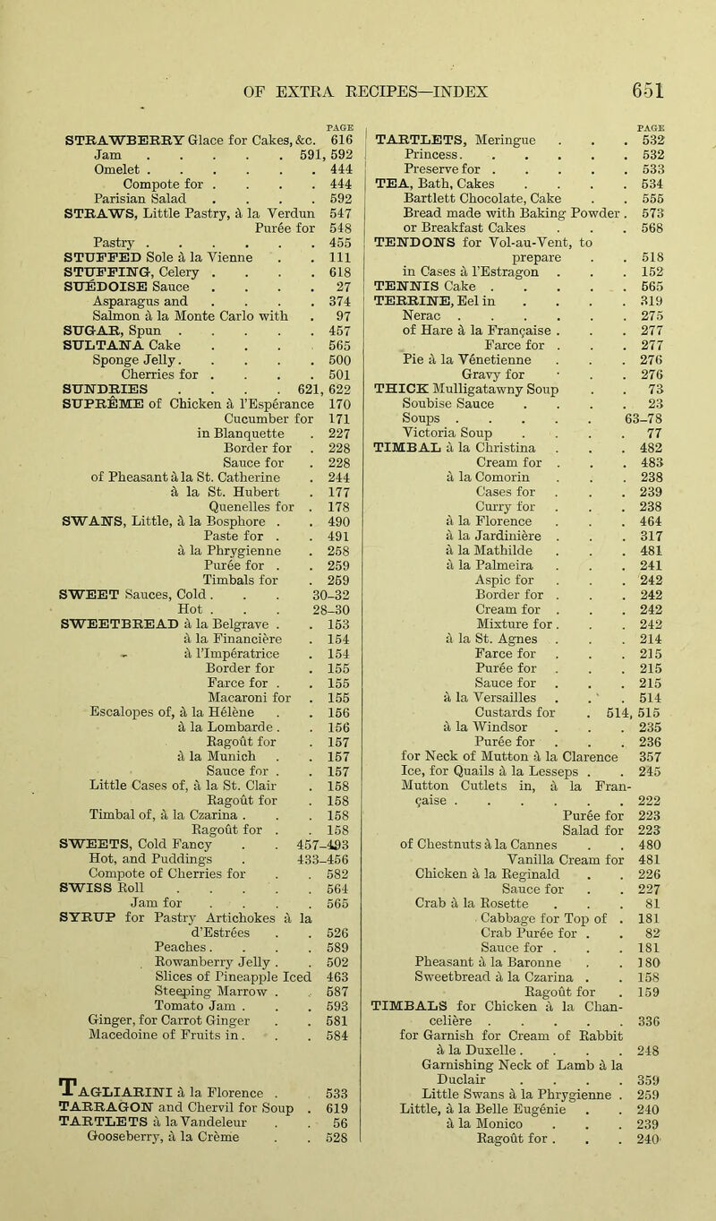 PAGE STRAWBERRY Glace for Cakes, &c. 616 Jam ..... 591 , 592 Omelet 444 Compote for . 444 Parisian Salad 592 STRAWS, Little Pastry, it la Verdun 547 Puree for 548 Pastry 455 STUFFED Sole it la Vienne 111 STUFFING, Celery . 618 SUEDOISE Sauce . 27 Asparagus and 374 Salmon it la Monte Carlo with 97 SUGAR, Spun .... 457 SULTANA Cake 565 Sponge Jelly.... 500 Cherries for . 501 SUNDRIES .... 621, 622 SUPREME of Chicken a l’Esperance 170 Cucumber for 171 in Blanquette 227 Border for 228 Sauce for 228 of Pheasant a la St. Catherine 244 it la St. Hubert 177 Quenelles for 178 SWANS, Little, it la Bosphore . . 490 Paste for . 491 it la Phrygienne 258 Puree for . 259 Timbals for 259 SWEET Sauces, Cold. 30-32 Hot . 28-30 SWEETBREAD it la Belgrave . 153 it la Financiere 154 4 Plmperatrice 154 Border for 155 Farce for . , 155 Macaroni for 155 Escalopes of, it la Helene 156 it la Lombarde. 156 Ragout for 157 it la Munich 157 Sauce for . 157 Little Cases of, it la St. Clair 158 Ragout for 158 Timbal of, a la Czarina . 158 Ragout for . 158 SWEETS, Cold Fancy 457- -493 Hot, and Puddings 433- -456 Compote of Cherries for 582 SWISS Roll .... 564 Jam for 565 SYRUP for Pastry Artichokes it la d’Estrees 526 Peaches. 589 Rowanberry Jelly . 502 Slices of Pineapple Iced 463 Steeping Marrow . 687 Tomato Jam . 593 Ginger, for Carrot Ginger 581 Macedoine of Fruits in . 584 T AGLIARINI it la Florence . 533 TARRAGON and Chervil for Soup , . 619 TARTLETS it la Vandeleur 56 Gooseberry, a la Creme , 528 PAGE TARTLETS, Meringue . . . 532 Princess 532 Preserve for 533 TEA, Bath, Cakes .... 534 Bartlett Chocolate, Cake . . 555 Bread made with Baking Powder . 573 or Breakfast Cakes . . . 568 TENDONS for Vol-au-Vent, to prepare . . 518 in Cases & l’Estragon . . . 152 TENNIS Cake 665 TERRINE, Eel in .... 319 Nerac 275 of Hare it la Franchise . . . 277 Farce for . . .277 Pie 4 la Venetienne . . .276 Gravy for • . .276 THICK Mulligatawny Soup . . 73 Soubise Sauce . . . .23 Soups 63-78 Victoria Soup .... 77 TIMBAL a la Christina . . . 482 Cream for . . . 483 it la Comorin . . . 238 Cases for . . .239 Curry for . . . 238 it la Florence . . .464 a la Jardiniere . . . 317 it la Mathilde . . .481 it la Palmeira . . .241 Aspic for . . . 242 Border for . . . 242 Cream for . . . 242 Misture for. . . 242 it la St. Agnes . . . 214 Farce for . . .215 Pur6e for . . . 215 Sauce for . . . 215 a la Versailles . .' . 514 Custards for . 514, 515 it la Windsor . . . 235 Puree for . . . 236 for Neck of Mutton it la Clarence 357 Ice, for Quails it la Lesseps . . 245 Mutton Cutlets in, it la Fran- 9aise 222 Pur6e for 223 Salad for 223 of Chestnuts it la Cannes . . 480 Vanilla Cream for 481 Chicken it la Reginald . . 226 Sauce for . .227 Crab a la Rosette . . .81 . Cabbage for Top of . 181 Crab Pur6e for . . 82 Sauce for . . . 181 Pheasant it la Baronne . .180 Sweetbread a la Czarina . . 158 Ragout for . 159 TIMBALS for Chicken it la Chan- celiere 336 for Garnish for Cream of Rabbit it la Duxelle .... 248 Garnishing Neck of Lamb a la Duclair .... 359 Little Swans it la Phrygienne . 259 Little, 4 la Belle Eugenie . .240 it la Monico . . . 239 Ragout for. . . 240'