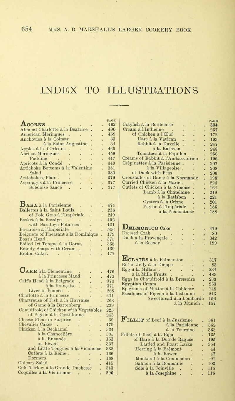 INDEX TO ILLUSTBATIONS « PAGE Acorns 462 Almond Charlotte a la Beatrice . . 490 American Meringues .... 459 Anchovies & la Colmar ... 33 4 la Saint Augustine . . 34 Apples it la d’Orleans .... 465 Apricot Meringues .... 458 Pudding ..... 447 Apricots 4 la Conde .... 449 Artichoke Bottoms & la Valentine . 381 Salad 380 Artichokes, Plain 379 Asparagus 4 la Princesse . . . 377 Sutidoise Sauce .... 377 Baba 4 la Parisienne . . . 474 Ballettes a la Saint Louis . . . 236 of Foie Gras 4 l’lmperiale . . 249 Basket 4 la Rosslyn .... 492 with Saratoga Potatoes . .401 Bavaroise a l’lmperiale . . . 506 Beignets of Pheasant a la Dominique . 179 Boar’s Head 375 Boiled Ox Tongue 4 la Dorna . . 368 Brandy Snaps with Cream . . . 469 Breton Cake 477 Cake ii,la Clementine . . .476 4 la Princesse Maud . .472 Calf’s Head 4 la Belgrade . . . 370 it la Franchise . . . 371 Liver in Poupee .... 268 Charlotte it la Princesse . . . 471 Chartreuse of Fish a la Havraise . 263 of Game 4 la Battenberg . . 239 Chaudfroid of Chicken with Vegetables 225 of Pigeon 4 la Castillanne . . 243 Cheese Fleur in Surprise ... 39 Chevalier Cakes . . . . .479 Chicken ii la Bechamel . . . 334 it la Chanceliere . . . 335 4 la Rubanee . . . .163 au Reveil .... 337 and Little Tongues it la Viennoise 338 Cutlets 4 la Reine . . . .166 Dormers 168 Chicory Salad 415 Cold Turkey it la Grande Duchesse . 343 Coquilles it la Venitienne . . .296 PAGE Crayfish it la Bordelaise . . . 304 Cream it l’lndienne .... 237 of Chicken it l’CEuf . . .172 Hare a la Vatican . . . 193 Rabbit it la Duxelle . . . 247 it la Ruthven . . . 248 Tomatoes a la Papillon . . 256 Creams of Rabbit ii l’Ambassadrice . 196 Crepinettes 4 la Parisienne . . . 207 it la Villageoise . . . 208 of Duck with Peas . . . 206 Croustades of Game a la Normande . 198 Curried Chicken ii la Marie . . . 224 Cutlets of Chicken it la Nimoise . .164 Lamb 4 la Ch&telaine . .219 a la Ratisbon . .221 Oysters 4 la Creme . . 201 Pigeon 4 l’lmperiale . . 186 4 la Piemontaise . 188 DelMONICO Cake . . .479 Dressed Crab 80 Duck 4 la Proven?ale .... 342 4 la Rosney .... 199 EcLAIRS 4 la Palmerston . . 317 Eel in Jelly 4 la Dieppe ... 83 Egg 4 la Millais 234 4 la Mille Fruits . . . .483 Eggs in Chaudfroid 4 la Bressoire . 233 Egyptian Cream ..... 253 Epigrams of Mutton a la Coblentz . 148 Escalopes of Pigeon 4 la Lisbonne . 243 Sweetbread 4 la Lombarde 156 4 la Munich . 157 FILLET of Beef 4 la Jussienne . 361 a la Parisienne . 362 4 la Touraine . 363 Fillets of Beef 4 la Riga . . .135 of Hare 4 la Due de Raguse . 195 Larded and Roast Larks . 354 Herring 4 la Bremont . . 44 4 la Rowen ... 47 Mackerel 4 la Commodore . 91 Salmon 4 la Roumanie . . 103 Sole 4 la Joinville . . .115 4 la Josephine . . .116