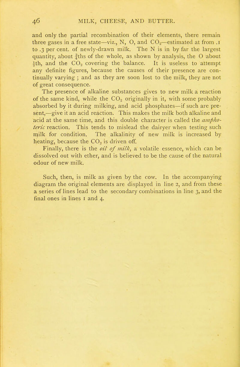 and only the partial recombination of their elements, there remain three gases in a free state—viz., N, O, and CO^—estimated at from .i to .3 per cent, of newly-drawn milk. The N is in by far the largest quantity, about |ths of the whole, as shown by analysis, the O about ith, and the CO^ covering the balance. It is useless to attempt any definite figures, because the causes of their presence are con- tinually varying ; and as they are soon lost to the milk, they are not of great consequence. The presence of alkaline substances gives to new milk a reaction of the same kind, while the COo originally in it, with some probably absorbed by it during milking, and acid phosphates—if such are pre- sent,—give it an acid reaction. This makes the milk both alkaline and acid at the same time, and this double character is called the ampho- teric reaction. This tends to mislead the dairyer when testing such milk for condition. The alkalinity of new milk is increased by heating, because the COo is driven off. Finally, there is the oil of milk, a volatile essence, which can be dissolved out with ether, and is believed to be the cause of the natural odour of new milk. Such, then, is milk as given by the cow. In the accompanying diagram the original elements are displayed in line 2, and from these a series of lines lead to the secondary combinations in line 3, and the final ones in lines i and 4.