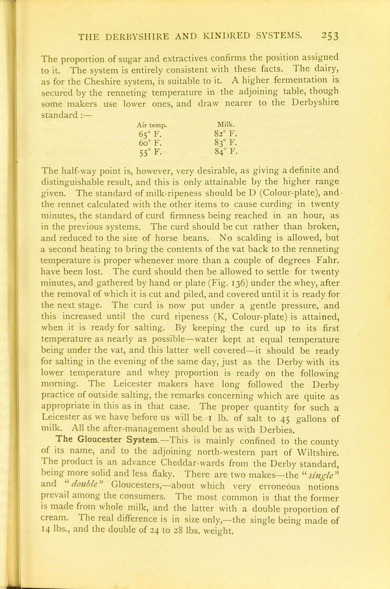 The proportion of sugar and extractives confirms the position assigned to it. The system is entirely consistent with these facts. The dairy, as for the Cheshire system, is suitable to it. A higher fermentation is secured by the renneting temperature in the adjoining table, though some makers use lower ones, and draw nearer to the Derbyshire standard :— Air temp. Milk. 65° F. 82° F. 60“ F. 83° F. 55° F. 84° F. The half-way point is, however, very desirable, as giving a definite and distinguishable result, and this is only attainable by the higher range given. The standard of milk-ripeness should be D (Colour-plate), and the rennet calculated with the other items to cause curding in twenty minutes, the standard of curd firmness being reached in an hour, as in the previous systems. The curd should be cut rather than broken, and reduced to the size of horse beans. No scalding is allowed, but a second heating to bring the contents of the vat back to the renneting temperature is proper whenever more than a couple of degrees Fahr. have been lost. The curd should then be allowed to settle for twenty minutes, and gathered by hand or plate (Fig. 136) under the whey, after the removal of which it is cut and piled, and covered until it is ready for the next stage. The curd is now put under a gentle pressure, and this increased until the curd ripeness (K, Colour-plate) is attained, when it is ready for salting. By keeping the curd up to its first temperature as nearly as possible—water kept at equal temperature being under the vat, and this latter well covered—it should be ready for salting in the evening of the same day, just as the Derby with its lower temperature and whey proportion is ready on the following morning. The Leicester makers have long followed the Derby practice of outside salting, the remarks concerning which are quite as appropriate in this as in that case. The proper quantity for such a Leicester as we have before us will be i lb. of salt to 45 gallons of milk. All the after-management should be as with Derbies. The Gloucester System.—This is mainly confined to the county of its name, and to the adjoining north-western part of Wiltshire. The product is an advance Cheddar-wards from the Derby standard, being more solid and less flaky. There are two makes—the '‘''single and ‘double Gloucesters,—about which very erroneous notions prevail among the consumers. The most common is that the former is made from whole milk, and the latter with a double proportion of cream. The real difference is in size only,—the single being made of 14 lbs., and the double of 24 to 28 lbs. weight.