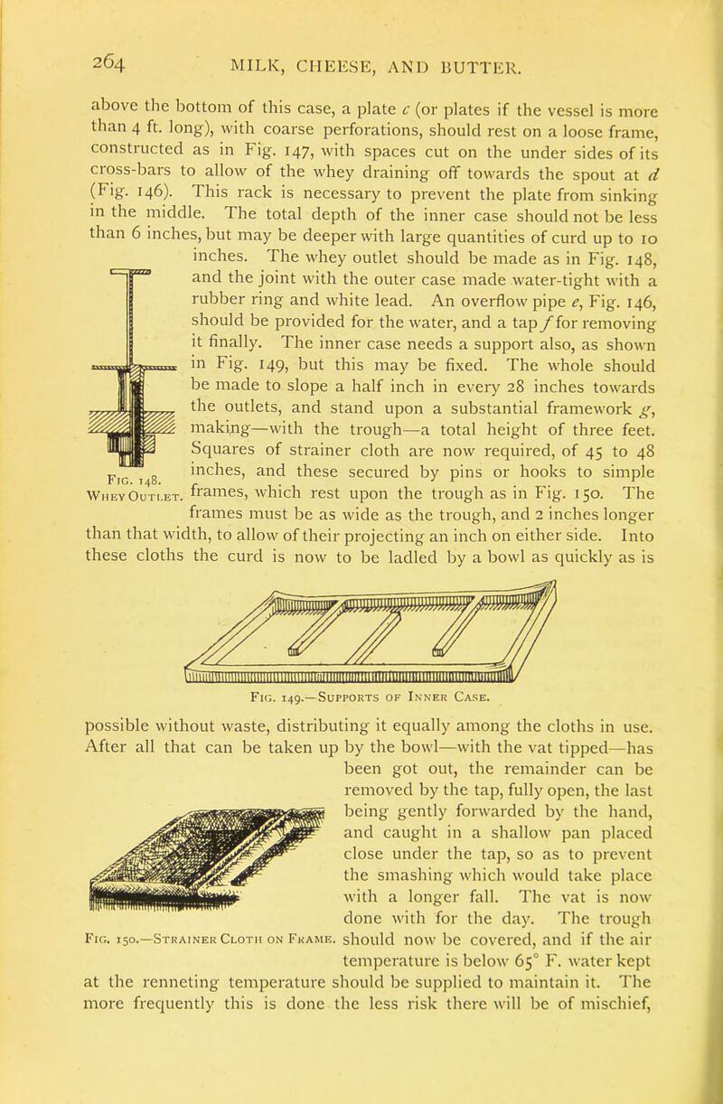 above the bottom of this case, a plate c (or plates if the vessel is more than 4 ft. long), with coarse perforations, should rest on a loose frame, constructed as in Fig. 147, with spaces cut on the under sides of its cross-bars to allow of the whey draining off towards the spout at d (Fig. 146). This rack is necessary to prevent the plate from sinking in the middle. The total depth of the inner case should not be less than 6 inches, but may be deeper with large quantities of curd up to 10 inches. The whey outlet should be made as in Fig. 148, and the joint with the outer case made water-tight with a rubber ring and white lead. An overflow pipe Fig. 146, should be provided for the water, and a tapy for removing it finally. The inner case needs a support also, as shown in Fig. 149, but this may be fi.xed. The whole should be made to slope a half inch in every 28 inches towards the outlets, and stand upon a substantial framework makiyig—with the trough—a total height of three feet. Squares of strainer cloth are now required, of 45 to 48 Fig 748 iriches, and these secured by pins or hooks to simple Whey Outlet, frames, which rest upon the trough as in Fig. 150. The frames must be as wide as the trough, and 2 inches longer than that width, to allow of their projecting an inch on either side. Into these cloths the curd is now to be ladled by a bowl as quickly as is possible without waste, distributing it equally among the cloths in use. After all that can be taken up by the bowl—with the vat tipped—has been got out, the remainder can be removed by the tap, fully open, the last being gently forwarded by the hand, and caught in a shallow pan placed close under the tap, so as to prevent the smashing which would take place with a longer fall. The vat is now done with for the day. The trough Fig. 150.—Strainer Cloth on Fkame. should now be covered, and if the air temperature is below 65° F. water kept at the renneting temperature should be supplied to maintain it. The more frequently this is done the less risk there will be of mischief.