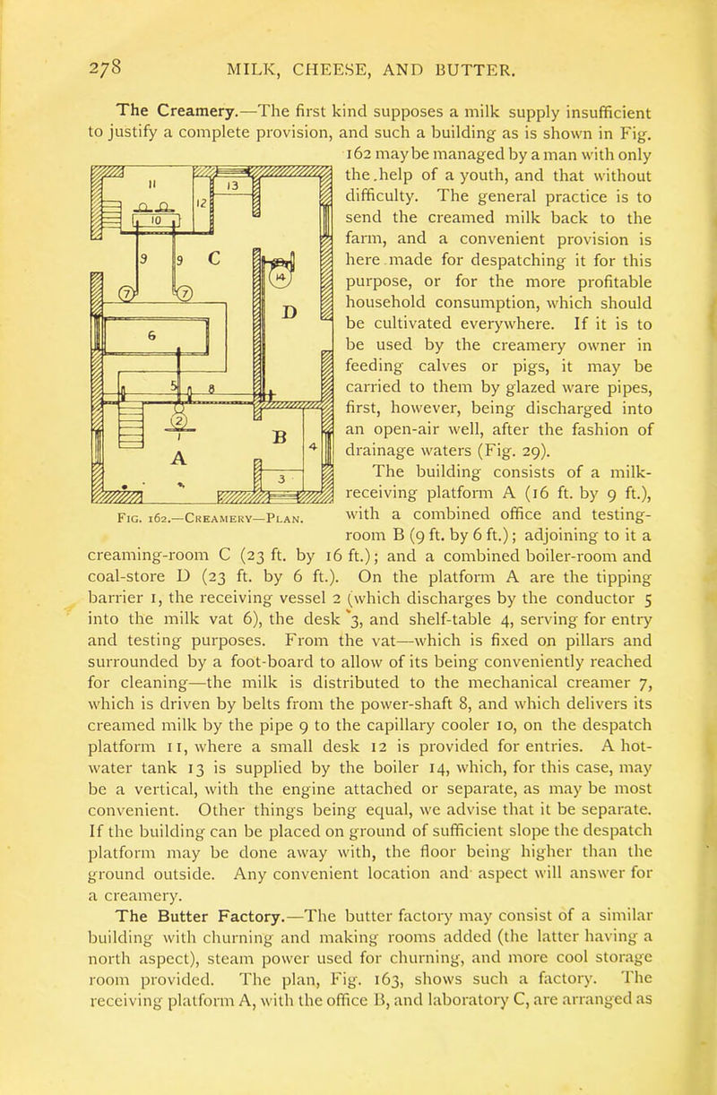 The Creamery.—The first kind supposes a milk supply insufficient to justify a complete provision, and such a building as is shown in Fig. 162 maybe managed by a man with only the.help of a youth, and that without difficulty. The general practice is to send the creamed milk back to the farm, and a convenient provision is here , made for despatching it for this purpose, or for the more profitable household consumption, which should be cultivated everywhere. If it is to be used by the creamery owner in feeding calves or pigs, it may be carried to them by glazed ware pipes, first, however, being discharged into an open-air well, after the fashion of drainage waters (Fig. 29). The building consists of a milk- receiving platform A (16 ft. by 9 ft.), with a combined office and testing- room B (9 ft. by 6 ft.); adjoining to it a creaming-room C (23 ft. by 16 ft.); and a combined boiler-room and coal-store D (23 ft. by 6 ft.). On the platform A are the tipping barrier i, the receiving vessel 2 (which discharges by the conductor 5 into the milk vat 6), the desk *3, and shelf-table 4, serving for entry and testing purposes. From the vat—which is fixed on pillars and surrounded by a foot-board to allow of its being conveniently reached for cleaning—the milk is distributed to the mechanical creamer 7, which is driven by belts from the power-shaft 8, and which delivers its creamed milk by the pipe 9 to the capillary cooler 10, on the despatch platform ii, where a small desk 12 is provided for entries. A hot- water tank 13 is supplied by the boiler 14, which, for this case, may be a vertical, with the engine attached or separate, as may be most convenient. Other things being equal, we advise that it be separate. If the building can be placed on ground of sufficient slope the despatch platform may be done away with, the floor being higher than the ground outside. Any convenient location and' aspect will answer for a creamery. The Butter Factory.—The butter factory may consist of a similar building' with churning and making rooms added (the latter having a north aspect), steam power used for churning, and more cool storage room provided. The plan. Fig. 163, shows such a factory. The receiving platform A, with the office B, and laboratory C, are arranged as