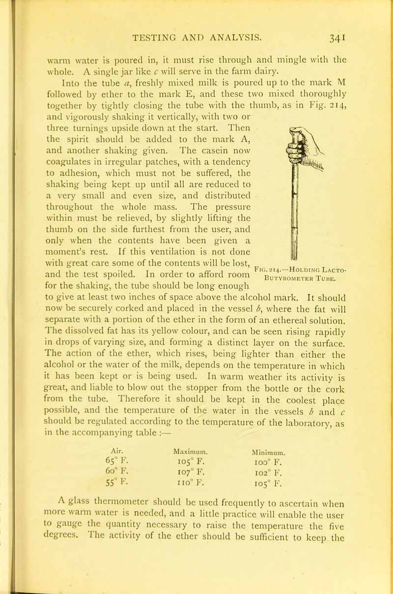 warm water is poured in, it must rise through and mingle with the whole. A single jar like c will serve in the farm dairy. Into the tube freshly mixed milk is poured up to the mark M followed by ether to the mark E, and these two mixed thoroughly together by tightly closing the tube with the thumb, as in Fig. 214, and vigorously shaking it vertically, with two or three turnings upside down at the start. Then the spirit should be added to the mark A, and another shaking given. The casein now coagulates in irregular patches, with a tendency to adhesion, which must not be suffered, the shaking being kept up until all are reduced to a very small and even size, and distributed throughout the whole mass. The pressure within must be relieved, by slightly lifting the thumb on the side furthest from the user, and only when the contents have been given a moment’s rest. If this ventilation is not done with great care some of the contents will be lost, and the test spoiled. In order to afford room for the shaking, the tube should be long enough to give at least two inches of space above the alcohol mark. It should now be securely corked and placed in the vessel where the fat will separate with a portion of the ether in the form of an ethereal solution. The dissolved fat has its yellow colour, and can be seen rising rapidly in drops of varying size, and forming a distinct layer on the surface. The action of the ether, which rises, being lighter than either the alcohol or the water of the milk, depends on the temperature in which it has been kept or is being used. In warm weather its activity is great, and liable to blow out the stopper from the bottle or the cork from the tube. Therefore it should be kept in the coolest place possible, and the temperature of the water in the vessels b and c should be regulated according to the temperature of the laboratory, as in the accompanying talkie :— Fig. 214.—Holding Lacto- Butvrometer Tube. Air. Maximum. Minimum. 6S° F. 0 0 100° F. 60° F. 0 0 102° F. 55“ I'. 110° F. 105° h'. A glass thermometer should Ije used frequently to ascertain when more warm water is needed, and a little practice will enable the user to gauge the quantity necessary to raise the temperature the five degrees. I he activity of the ether should be sufficient to keep the