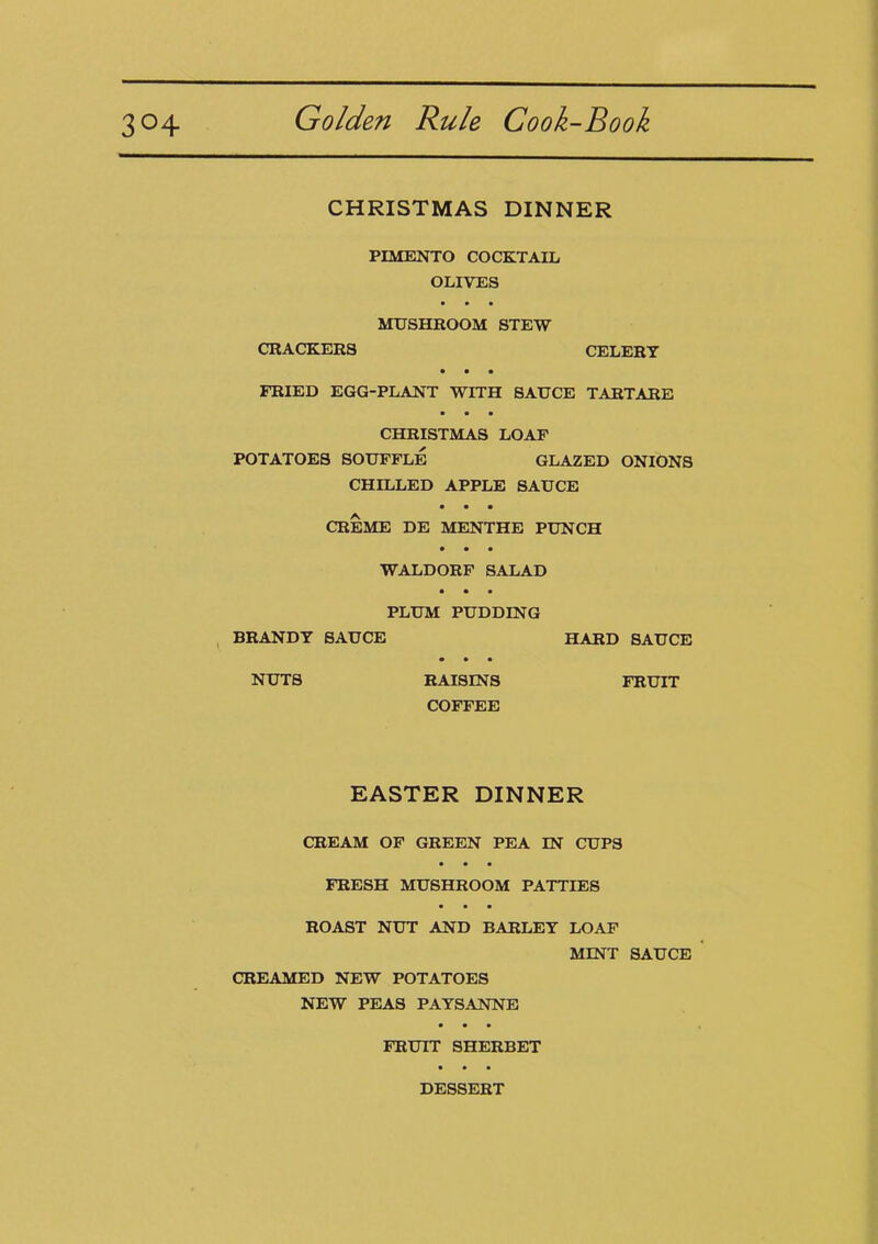 3°4 CHRISTMAS DINNER PIMENTO COCKTAIL OLIVES MUSHROOM STEW CRACKERS CELERY • • • FRIED EGG-PLANT WITH SAUCE TARTARE • • • CHRISTMAS LOAF POTATOES SOUFFLE GLAZED ONIONS CHILLED APPLE SAUCE • • • CREME DE MENTHE PUNCH • • • WALDORF SALAD • • • PLUM PUDDING BRANDY SAUCE HARD SAUCE NUTS RAISINS FRUIT COFFEE EASTER DINNER CREAM OF GREEN PEA IN CUPS FRESH MUSHROOM PATTIES ROAST NUT AND BARLEY LOAF MINT SAUCE CREAMED NEW POTATOES NEW PEAS PAYSANNE • • • FRUIT SHERBET