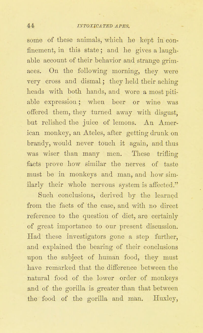 some of these animals, which he kept in con- finement, in this state; and lie gives a laugh- able account of their behavior and strange grim- aces. On the following morning, they were very cross and dismal; they held their aching heads with both hands, and wore a most piti- able expression; when beer or wine was offered them, they turned away with disgust, but relished the juice of lemons. An Amer- ican monkey, an Ateles, after getting drunk on brandy, would never touch it again, and thus was wiser than many men. These trifling facts prove how similar the nerves of taste must be in monkeys and man, and how sim- ilarly their whole nervous system is affected.” Such conclusions, derived by the learned from the facts of the case, and with no direct reference to the question of diet, are certainly of great importance to our present discussion. Had these investigators gone a step further, and explained the bearing of their conclusions upon the subject of human food, they must have remarked that the difference between the natural food of the lower order of monkeys and of the gorilla is greater than that between the food of the gorilla and man. Huxley,