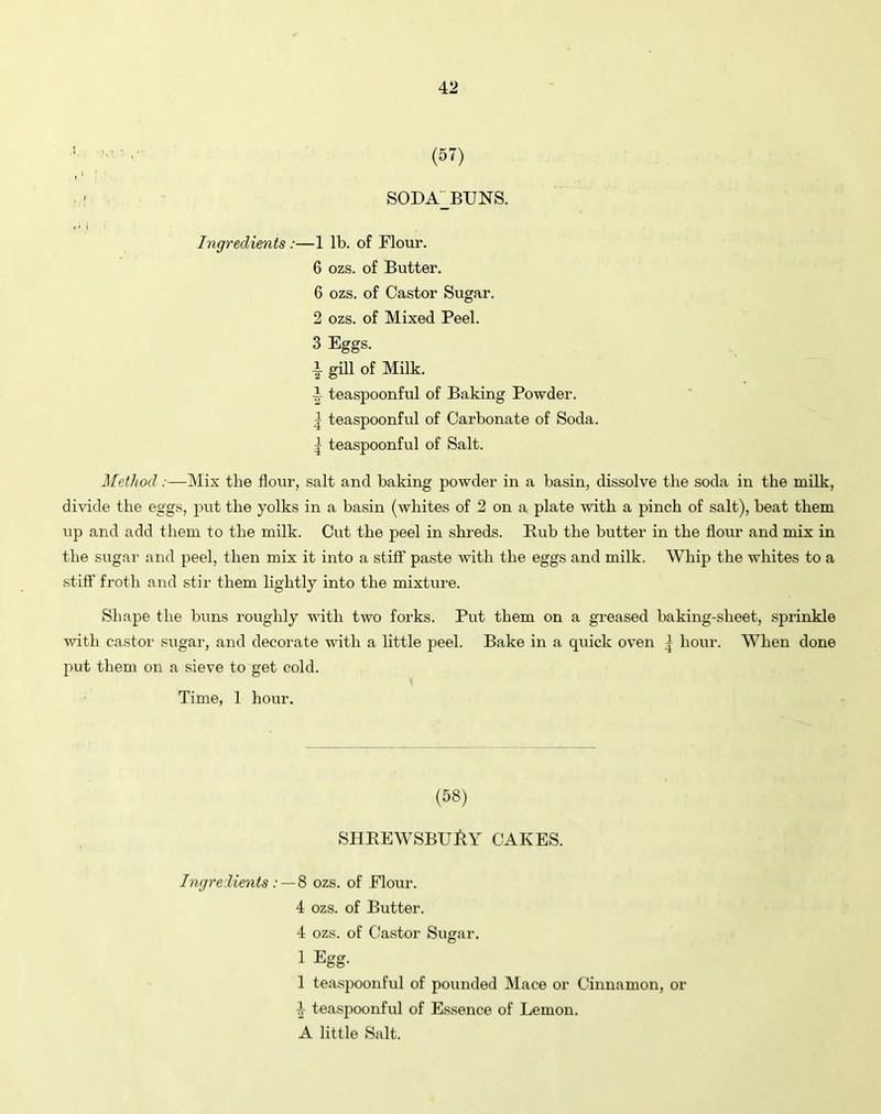 ' ' (57) SODA_BUNS. <1 I 1 Ingredients :—1 lb. of Flour. 6 ozs. of Butter. 6 ozs. of Castor Sugar. 2 ozs. of Mixed Peel. 3 Eggs. i gill of Milk. i teaspoonful of Baking Powder. | teaspoonful of Carbonate of Soda. | teaspoonful of Salt. Method.—Mix the flour, salt and baking powder in a basin, dissolve the soda in the milk, divide the eggs, put the yolks in a basin (whites of 2 on a plate with a pinch of salt), beat them up and add them to the milk. Cut the peel in shreds. Rub the butter in the flour and mix in the sugar and peel, then mix it into a stiff paste with the eggs and milk. Whip the whites to a stiff froth and stir them lightly into the mixture. Shape the buns roughly with two forks. Put them on a greased baking-sheet, sprinkle with castor sugar, and decorate with a little peel. Bake in a quick oven | hour. When done put them on a sieve to get cold. Time, 1 hour. (58) SHREWSBURY CAKES. Ingredients: — 8 ozs. of Flour. 4 ozs. of Butter. 4 ozs. of Castor Sugar. 1 Egg. 1 teaspoonful of pounded Mace or Cinnamon, or 4 teaspoonful of Essence of Lemon. A little Salt.