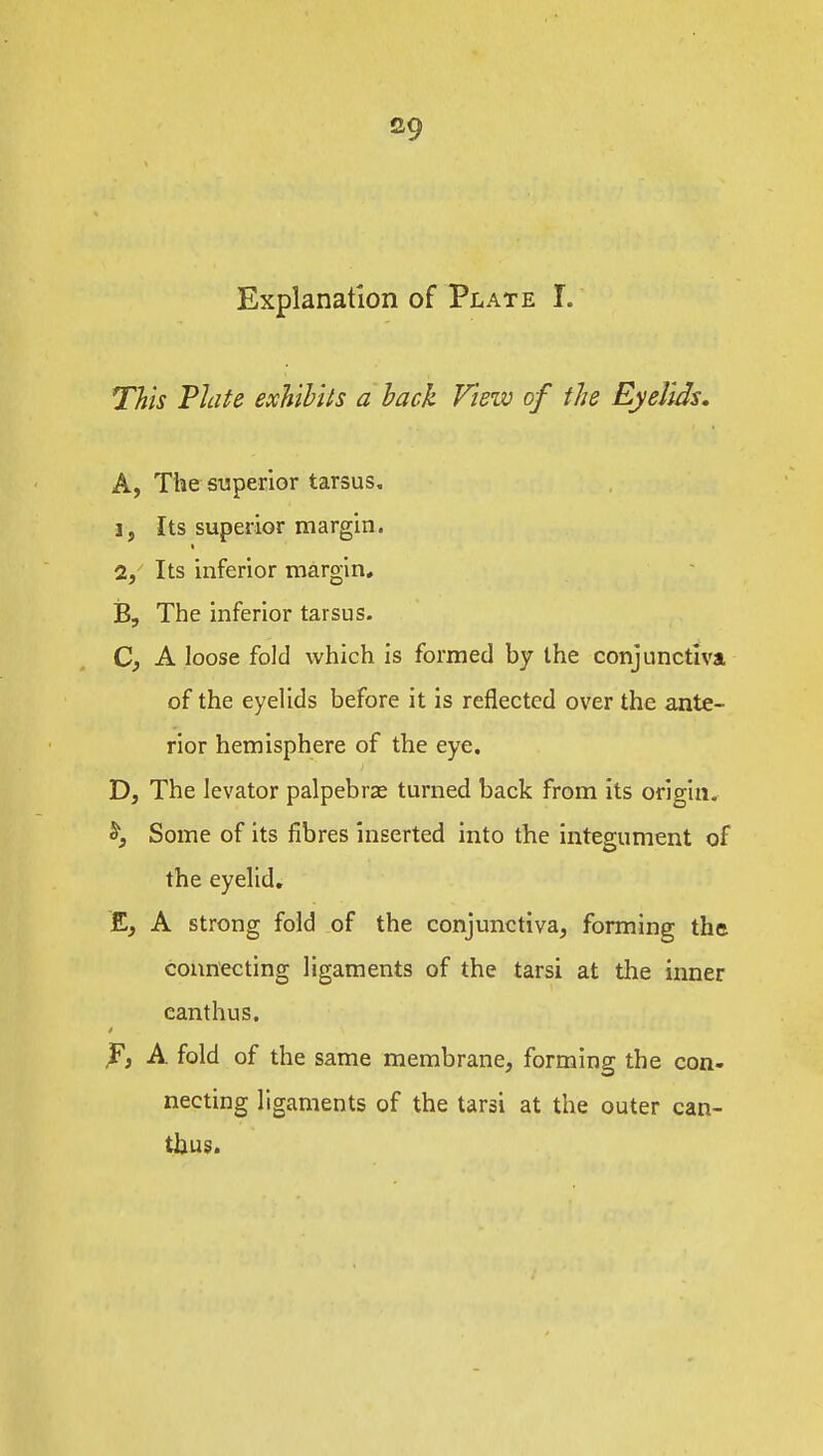 a9 Explanation of Plate T. This Plate exhihils a hack View of the Eyelids. A, The superior tarsus. 1, Its superior margin. 2, Its inferior margin. iB, The inferior tarsus. C, A loose fold which is formed by the conjunctiva of the eyelids before it is reflected over the ante- rior hemisphere of the eye. D, The levator palpebras turned back from its origin, ^, Some of its fibres inserted into the integument of the eyelid, E, A strong fold of the conjunctiva, forming the connecting ligaments of the tarsi at the inner canthus. A fold of the same membrane, forming the con- necting ligaments of the tarsi at the outer can- thus.