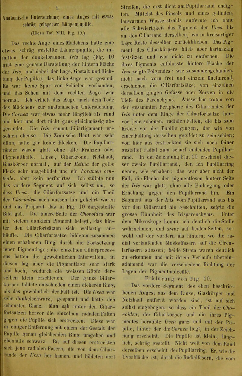 1. Autttomisiiie liitersuchung eines Auges mit etwas scliräg gelagerter Lüugenimpille. (Hiezu Taf. XIII. Fig. 10.) Das rechte Auge eines Mädciiens iialle eine etwas scliräg gestellte Längenpupille, die in- mitten der dunkelbraunen Iris lag (Fig. 10 gibt eine genaue Darstellung der hintern Fläche der Iris, und dabei der Lage, Gestalt und Rich- tung der Pupille), das linke Auge war gesund. Es war keine Spur von Schielen vorhanden, und das Sehen mit dem rechten Auge war normal. Ich erhielt das Auge nach dem Tode des Mädchens zur anatomischen Untersuchung. Die Cornea war etwas mehr länglich als rund und hier und dort nicht ganz gleichmässig ab- gerundet. Die Iris sammt Ciüarligament er- schien ebenso. Die Zinnische Haut war sehr dünn, halte gar keine Flecken. Die Pupillar- ränder waren glatt ohne alle Franzen oder Pigmenttheile. Linse, Ciliarkrone, Netzhaut, Glaskörper normal, auf der Retina der gelbe Fleck sehr ausgebildet und ein Foramen cen- trale, aber kein perforirtes. Ich stülpte nun das vordere Segment auf sich selbst um, so dass Uvea, die Ciliarfortsätze und ein Theil der Choroidea nach aussen hin gekehrt waren und das Präparat das in Fig. 10 dargestellte Bild gab. Die innere Seite der Choroidea war mit vielem dunklem Pigment belegt, das hin- ter den Ciliarfortsätzen sich wallartio; an- häufte. Die Ciliarfortsätze bildeten zusammen einen erhabenen Ring durch die Fortsetzung jener Pigmentlage; die einzelnen Ciliarproces- sus hatten die gewohnlichen Intervallen, in diesen lag aber die Pigmentlage sehr stark und lioch, wodurch die weissen Köpfe der- selben klein erschienen. Der ganze Ciliar- körper bildete entschieden einen dickeren Ring, als das gewöhnlich der Fall ist. Die f/uea war sehr dunkelschwarz, gespannt und hatte den schönsten Glanz. Man sah unter den Ciliar- fortsätzen hervor die einzelnen radialen Falten gegen die Pupille sich erstrecken. Diese war in einiger Entfernung mit einem der Gestalt der Pupille genau gleichenden Ring umgeben und ebenfalls schwarz. Bis auf diesen erstreckten ^sich jene radialen Fasern, die von dem Ciliar- rand(! der Uvea her kamen, und bildeten dort Streifen, die erst dicht am Pupillarrand endig- ton. Mittelst des Pinsels und eines gelinden, lauwarmen Wasserstrahls entfernte ich ohne alle Schwierigkeit das Pigment der Uvea bis an den Ciliarrand derselben, wo in kreisartiger Lao-e Reste desselben zurückblieben. Das Pig- ment des Ciliarkörpers blieb aber hartnäckig festsitzen und war nicht zu entfernen. Die ihres Pigments entblösste hintere Fläche der Iris zeigte Folgendes : wie zusammengebunden, nicht nach vorn frei und einzeln fluctuirend, erschienen die Ciliarfortsätze; von einzelnen derselben gingen Gefässe oder Nerven in die Tiefe des Parenchyms. Ausserdem traten von der gesammten Peripherie des Ciliarrandes der Iris unter dem Ringe der Ciliarfortsätze her- vor jene schönen, radialen Falten, die bis zum Kreise vor der Pupille gingen, der wie von einer Faltung derselben gebildet zu sein schien; von hier aus erstreckten sie sich noch feiner gestaltet radial zum scharf endenden Pupillar- rand. In der Zeichnung Fig. 10 erscheint die- ser zweite Pupillarrand, den ich Pupillarring nenne, wie erhaben; das war aber nicht der Fall, die Fläche der pigmentlosen hintern Seite der Iris war glatt, ohne alle Einbiegung oder Erhebung gegen den Pupillarrand hin. Ein Segment aus der Iris vom Pupillarrand aus bis vor den Ciliarrand hin geschnitten, zeigte die grosse Dünnheit des Irisparenchyms. Unter dem Mikroskope konnte ich deutlich die Stelle wahrnehmen, und zwar auf beiden Seiten, so- wohl auf der vordem als hintern, wo die ra- dial verlaufenden Muskelfasern auf die Circu- larfasern sliessen; beide Strata waren deutlich zu erkennen und mit ihrem Verlaufe überein- stimmend war die verschiedene Richtung der Lagen der Pigmentmolecüle. Erklärung von Fig. 10. Das vordere Segment des eben beschrie- benen Auges, aus dem Linse, Glaskörper und Netzhaut entfernt worden sind, ist auf sich selbst eingebogen, so dass ein Theil der Cho- roidea, der Ciliarkörper und die ihres Pig- mentes beraubte Uvea ganz und mit der Pu- pille, hinter der die Cornea liegt, in der Zeich- nung erscheint. Die Pupille ist klein, läng- lich, schräg gestellt. Nicht weit von dem Rand derselben erscheint der Pupillarring. Er, wie die Uveiilflächo ist, durch die Radialfasern, die vom