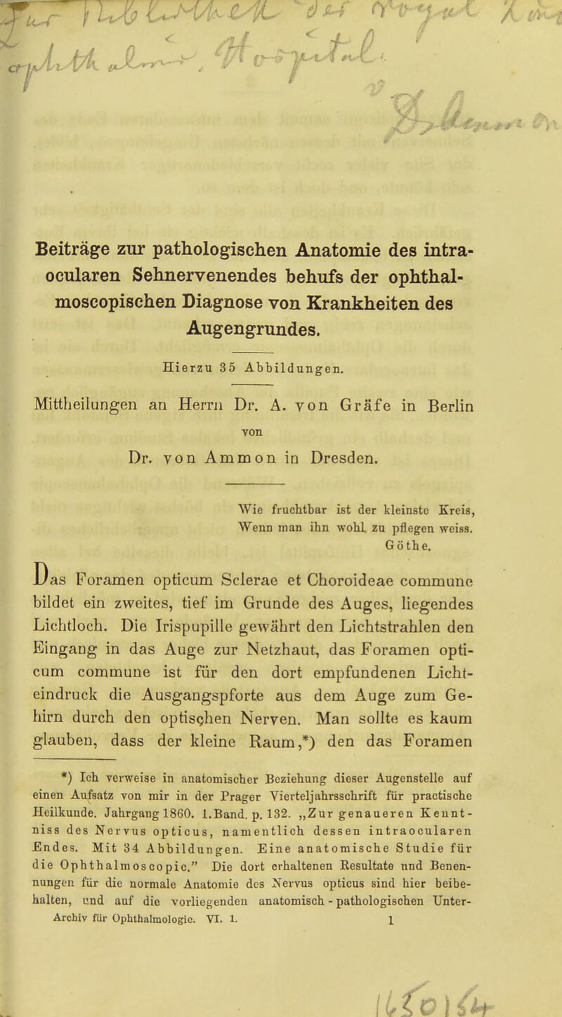 Beiträge zur pathologischen Anatomie des intra- ocularen Sehnervenendes behufs der ophtha!- moscopisehen Diagnose von Krankheiten des Augengrundes. Hierzu 35 Abbildungen. Mittheilungen an Herrn Dr. A. von Gräfe in Berlin von Dr. von Ammon in Dresden. Wie fruchtbar ist der kleinste Kreis, Wenn man ihn wohL zu pflegen weiss. Göthe. Das Foramen opticum Sclerae et Choroideae commune bildet ein zweites, tief im Grunde des Auges, liegendes Lichtloch. Die Irispupille gewährt den Lichtstrahlen den Eingang in das Auge zur Netzhaut, das Foramen opti- cum commune ist für den dort empfundenen Licht- eindruck die Ausgangspforte aus dem Auge zum Ge- hirn durch den optischen Nerven. Man sollte es kaum glauben, dass der kleine Raum,*) den das Foramen *) Ich verweise in anatomischer Beziehung dieser Augenstelle auf einen Aufsatz von mir in der Prager Vierteljahrsschrift für practische Heilkunde. Jahrgang 1860. I.Band, p, 132. „Zur genaueren Keunt- niss des Nervus opticus, namentlich dessen intraocularen JEndes. Mit 34 Abbildungen. Eine anatomische Studie für die Ophthalmoscopic. Die dort erhaltenen Resultate nnd Benen- nungen für die normale Anatomie des Nervus opticus sind hier beibe- halten, und auf die vorliegenden anatomisch - pathologischen Unter-