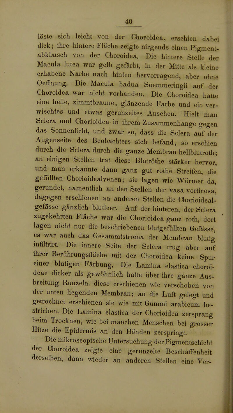 löste sich leicht von der Choroidea, erschien dabei dick; ihre hintere Fläche zeigte nirgends einen Pigment- abklatsch von der Choroidea. Die hintere Stelle der Macula lutea war gelb gefärbt, in der Mitte als kleine erhabene Narbe nach hinten hervorragend, aber ohne Oeffnung. Die Macula badua Soemmeringii auf der Choroidea war nicht vorhanden. Die Choroidea hatte eine helle, zimmtbraune, glänzende Farbe und ein ver- wischtes und etwas gerunzeltes Ansehen. Hielt man Sclera und Chorioidea in ihrem Zusammenhange gegen das Sonnenlicht, und zwar so, dass die Sclera auf der Augenseite des Beobachters sich befand, so erschien durch die Sclera durch die ganze Membran hellblutroth; an einigen Stellen trat diese Blutröthe stärker hervor, und man erkannte dann ganz gut rothe Streifen, die gefüllten Chorioidealvenen; sie lagen wie Würmer da, gerundet, namentlich an den Stellen der vasa vorticosa,' dagegen erschienen an anderen Stellen die Chorioideal- gefässe gänzlich blutleer. Auf der hinteren, der Sclera zugekehrten Fläche war die Chorioidea ganz roth, dort lagen nicht nur die beschriebenen blutgefüllten Gefässe, es war auch das Gesammtstroma der Membran blutig infiltrirt. Die innere Seite der Sclera trug aber aul ihrer Berührungsfläche mit der Choroidea keine Spur einer blutigen Färbung, Die Lamina elastica choroi- deae dicker als gewöhnlich hatte über ihre ganze Aus- breitung Runzeln, diese erschienen wie verschoben von der unten liegenden Membran; an die Luft gelegt und getrocknet erschienen sie wie mit Gummi arabicum be- strichen. Die Lamina elastica der Chorioidea zersprang beim Trocknen, wie bei manchen Menschen bei grosser Hitze die Epidermis an den Händen zerspringt. Die mikroscopische Untersuchung der Pigmentschicht der Choroidea zeigte eine gerunzelte Beschaffenheit derselben, dann wieder an anderen Stellen eine Ver-