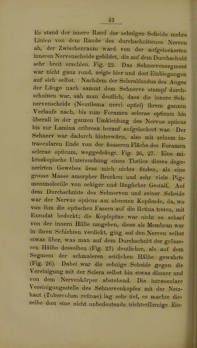 Es stand der innere Rand der sehnigen Scheide mehre Linien von dem Rande des durchschnittenen Nerven ab, der Zwischenraum ward von der aufgelockerten inneren Nervenscheide gebildet, die auf dem Durchschnitt sehr breit erschien. Fig. 22. Das Sehnervensegment war nicht ganz rund, zeigte hier und dort Einbiegungen auf sich selbst. Nachdem der Scleralfundus des Auges der Länge nach sammt dem Sehnerve stumpf durch- schnitten war, sah man deutlich, dass die innere Seh- nervenscheide (Neurilema nervi optici) ihrem ganzen Verlaufe nach, bis zum Foramen sclerae opticum hin überall in der ganzen ümkleidung des Nervus opticus bis zur Lamina cribrosa herauf aufgelockert war. Der Sehnerv war dadurch hinterwärts, also mit seinem in- traocularen Ende von der äusseren Fläche des Foramen sclerae opticum, weggedrängt. Fig. 26, 27. Eine mi- kroskopische Untersuchung eines Theiles dieses dege- nerirten Gewebes liess mich nichts finden, als eine grosse Masse amorpher Brocken und sehr viele Pig- mentmolecüle von eckiger nnd länglicher Gestalt. Auf dem Durchschnitte des Sehnerven und seiner Scheide war der Nervus opticus am obersten Kopfende, da, wo von ihm die optischen Fasern auf die Retina treten, mit Exsudat bedeckt; die Kopfspitze war nicht so scharf von der Innern Hülle umgeben, diese als Membran war in ihren Schichten verdickt, ging auf den Nerven selbst etwas über, was man auf dem Durchschnitt der grösse- ren Hälfte desselben (Fig. 27) deutlicher, als auf dem Segment der schmaleren seitlichen Hälfte gewahrte (Fig. 26). Dabei war die sehnige Scheide gegen die Vereinigung mit der Sclera selbst hin etwas dünner und von dem Nervenkörper abstehend. Die intraocularo Vereinigungsstelle des Sehnervenkopfes mit der Netz- haut (Tuberculum retinae) lag sehr tief, es machte die- selbe dort eine nicht unbedeutende trichterförmige Ein-
