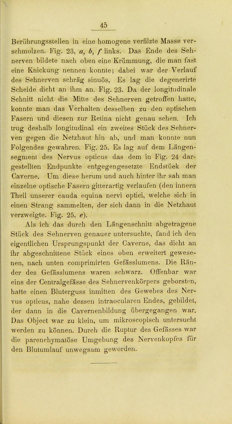 Berührungsstellen in eine homogene verfilzte Masse ver- schmolzen. Fig. 23, a, b, f links. Das Ende des Seh- nerven bildete nach oben eine Krümmung, die man fast eine Knickung nennen konnte; dabei war der Verlauf des Sehnerven schräg sinuös, Es lag die degenerirte Scheide dicht an ihm an. Fig. 23. Da der longitudinale Schnitt nicht die Mitte des Sehnerven getroffen hatte, konnte man das Verhalten desselben zu den optischen Fasern und diesen zur Retina nicht genau sehen. Ich trug deshalb longitudinal ein zweites Stück des Sehner- ven gegen die Netzhaut hin ab, und man konnte nun Folgendes gewahren. Fig. 25. Es lag auf dem Längen- segment des Nervus opticus das dem in Fig. 24 dar- gestellten Endpunkte entgegengesetzte Endstück der Caverne. üm diese herum und auch hinter ihr sah man einzelne optische Fasern gitterartig verlaufen (den innern Theil unserer cauda equiua nervi optici, welche sich in einen Strang sammelten, der sich dann in die Netzhaut verzweigte. Fig. 25, e). Als ich das durch den Längenschnitt abgetragene Stück des Sehnerven genauer untersuchte, fand ich den eigentlichen Ursprungspunkt der Caverne, das dicht an ihr abgeschnittene Stück eines oben erweitert gewese- nen, nach unten comprimirten Gefässlumens. Die Rän- der des Gefässlumens waren schwarz. Offenbar war eins der Centralgefässe des Sehnervenkörpers geborsten, hatte einen Bluterguss inmitten des Gewebes des Ner- vus opticus, nahe dessen intraocularen Endes, gebildet, der dann in die Cavernenbildung übergegangen war. Das Object war zu klein, um mikroscopisch untersucht werden zu können. Durch die Ruptur des Gefässes war die parenchymatöse Umgebung des Nervenkopfes für den Blutumlauf unwegsam geworden.