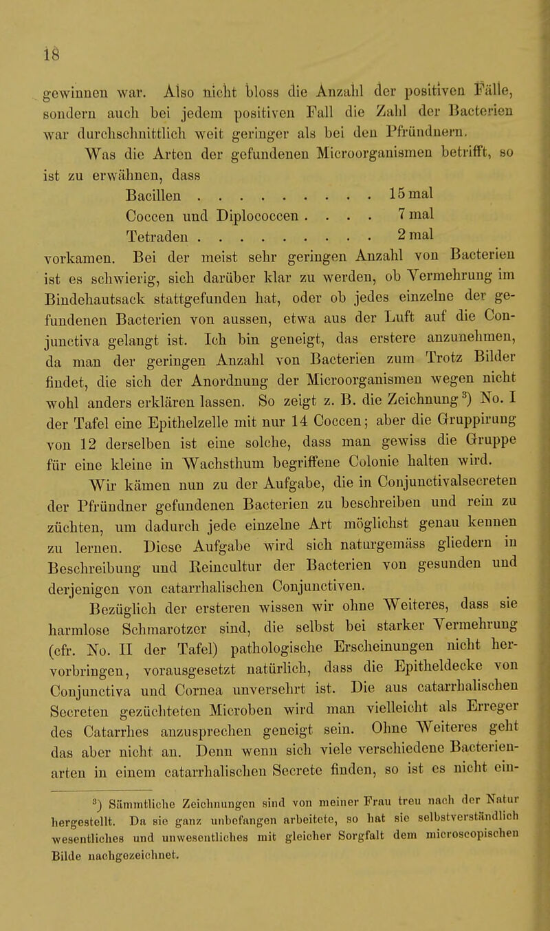 gewinnen war. Also nicht bloss die Anzahl der positiven FäÜe, sondern auch bei jedem positiven Fall die Zahl der Bacterien war durchschnittlieh weit geringer als bei den Pfriindnem, Was die Arten der gefundenen Microorganismen betrifft, so ist zu erwähnen, dass Bacillen 15 mal Coccen und Diplococcen .... 7 mal Tetraden 2 mal vorkamen. Bei der meist sehr geringen Anzahl von Bacterien ist es schwierig, sich darüber klar zu werden, ob Vermehrung im Bindehautsack stattgefunden hat, oder ob jedes einzelne der ge- fundenen Bacterien von aussen, etwa aus der Luft auf die Con- junetiva gelangt ist. Ich bin geneigt, das erstere anzunehmen, da man der geringen Anzahl von Bacterien zum Trotz Bilder findet, die sich der Anordnung der Microorganismen wegen nicht wohl anders erklären lassen. So zeigt z. B. die Zeichnung3) No. I der Tafel eine Epithelzelle mit nur 14 Coccen; aber die Gruppirung von 12 derselben ist eine solche, dass man gewiss die Gruppe für eine kleine in Wachsthum begriffene Colonie halten wird. Wir kämen nun zu der Aufgabe, die in Conjunctivalsecreten der Pfründner gefundenen Bacterien zu beschreiben und rein zu züchten, um dadurch jede einzelne Art möglichst genau kennen zu lernen. Diese Aufgabe wird sich naturgemäss gliedern in Beschreibung und Reincultur der Bacterien von gesunden und derjenigen von catarrhalischen Conjunctiven. Bezüglich der ersteren wissen wir ohne Weiteres, dass sie harmlose Schmarotzer sind, die selbst bei starker Vermehrung (cfr. No. II der Tafel) pathologische Erscheinungen nicht her- vorbringen, vorausgesetzt natürlich, class die Epitheldecke von Conjunctiva und Cornea unversehrt ist. Die aus catarrhalischen Secreten gezüchteten Microben wird man vielleicht als Erreger des Catarrhes anzusprechen geneigt sein. Ohne Weiteres geht das aber nicht an. Denn wenn sich viele verschiedene Bacterien- arten in einem catarrhalischen Secrete finden, so ist es nicht ein- 3) Sümmtliche Zeichnungen sind von meiner Frau treu nach der Natur hergestellt. Da sie ganz unbefangen arbeitete, so hat sie selbstverständlich wesentliches und unwesentliches mit gleicher Sorgfalt dem microscopisehen Bilde nachgezeichnet.