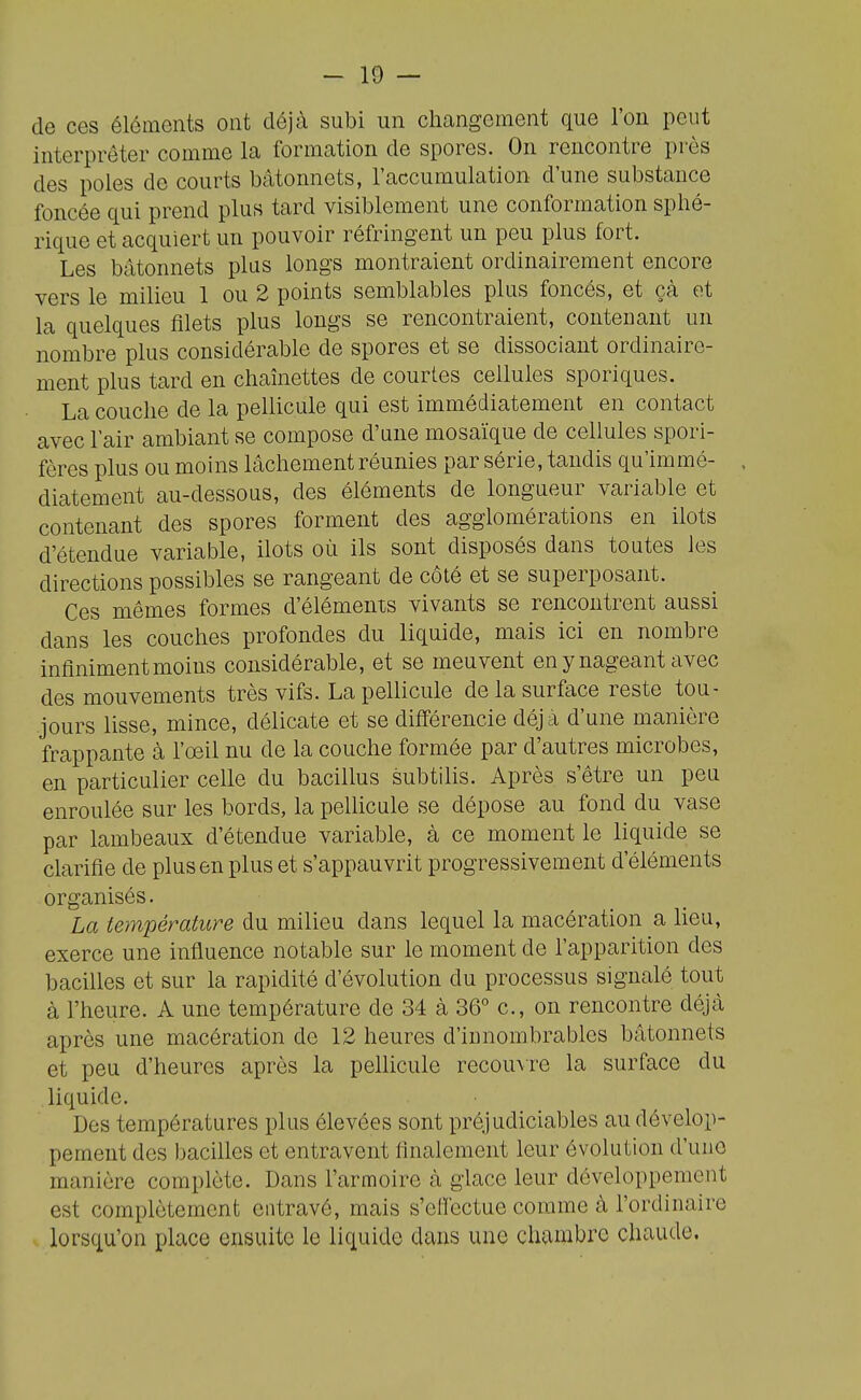 -io- de ces éléments ont déjà subi un changement que l'on peut interpréter comme la formation de spores. On rencontre près des pôles de courts bâtonnets, l'accumulation d'une substance foncée qui prend plus tard visiblement une conformation sphé- rique et acquiert un pouvoir réfringent un peu plus fort. Les bâtonnets plus longs montraient ordinairement encore vers le milieu 1 ou 2 points semblables plus foncés, et çà et la quelques filets plus longs se rencontraient, contenant un nombre plus considérable de spores et se dissociant ordinaire- ment plus tard en chaînettes de courtes cellules sporiques. La couche de la pellicule qui est immédiatement en contact avec lair ambiant se compose d'une mosaïque de cellules spori- fères plus ou moins lâchement réunies par série, tandis qu'immé- diatement au-dessous, des éléments de longueur variable et contenant des spores forment des agglomérations en ilôts d'étendue variable, ilôts où ils sont disposés dans toutes les directions possibles se rangeant de côté et se superposant. Ces mêmes formes d'éléments vivants se rencontrent aussi dans les couches profondes du liquide, mais ici en nombre infiniment moins considérable, et se meuvent en y nageant avec des mouvements très vifs. La pellicule de la surface reste tou- jours lisse, mince, délicate et se différencie déjà d'une manière frappante à l'œil nu de la couche formée par d'autres microbes, en particulier celle du bacillus subtilis. Après s'être un peu enroulée sur les bords, la pelHcule se dépose au fond du vase par lambeaux d'étendue variable, à ce moment le liquide se clarifie de plus en plus et s'appauvrit progressivement d'éléments organisés. La température du milieu dans lequel la macération a lieu, exerce une influence notable sur le moment de l'apparition des bacilles et sur la rapidité d'évolution du processus signalé tout à l'heure. A une température de 34 à 36° c, on rencontre déjà après une macération de 12 heures d'innombrables bâtonnets et peu d'heures après la pellicule recomre la surface du liquide. Des températures plus élevées sont préjudiciables au dévelop- pement des bacilles et entravent finalement leur évolution d'une manière complète. Dans l'armoire à glace leur développement est complètement entravé, mais s'effectue comme à l'ordinaire lorsqu'on place ensuite le liquide dans une chambre chaude.