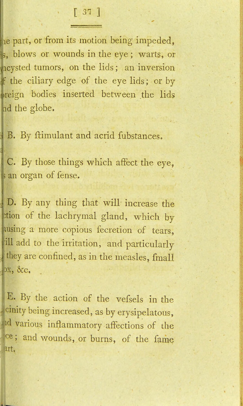 [ 31 ] le part, or from its motion being impeded, blows or wounds in the eye; warts, or icysted tumors, on the lids; an inversion the ciliary edge of the eye lids; or by ign bodies inserted between the lids nd the globe. B. By ftimulant and acrid fubstances. C. By those things which affect the eye, 5 an organ of fense. D. By any thing that will increase the ;tion of the lachrymal gland, which by lusing a more copious fecretion of tears, rill add to the irritation, and particularly they are confined, as in the measles, fmall 3X, &c, E. By the action of the vefsels in the cinity being increased, as by erysipelatous, id various inflammatory affections of the ce; and wounds, or burns, of the fame irt. i .