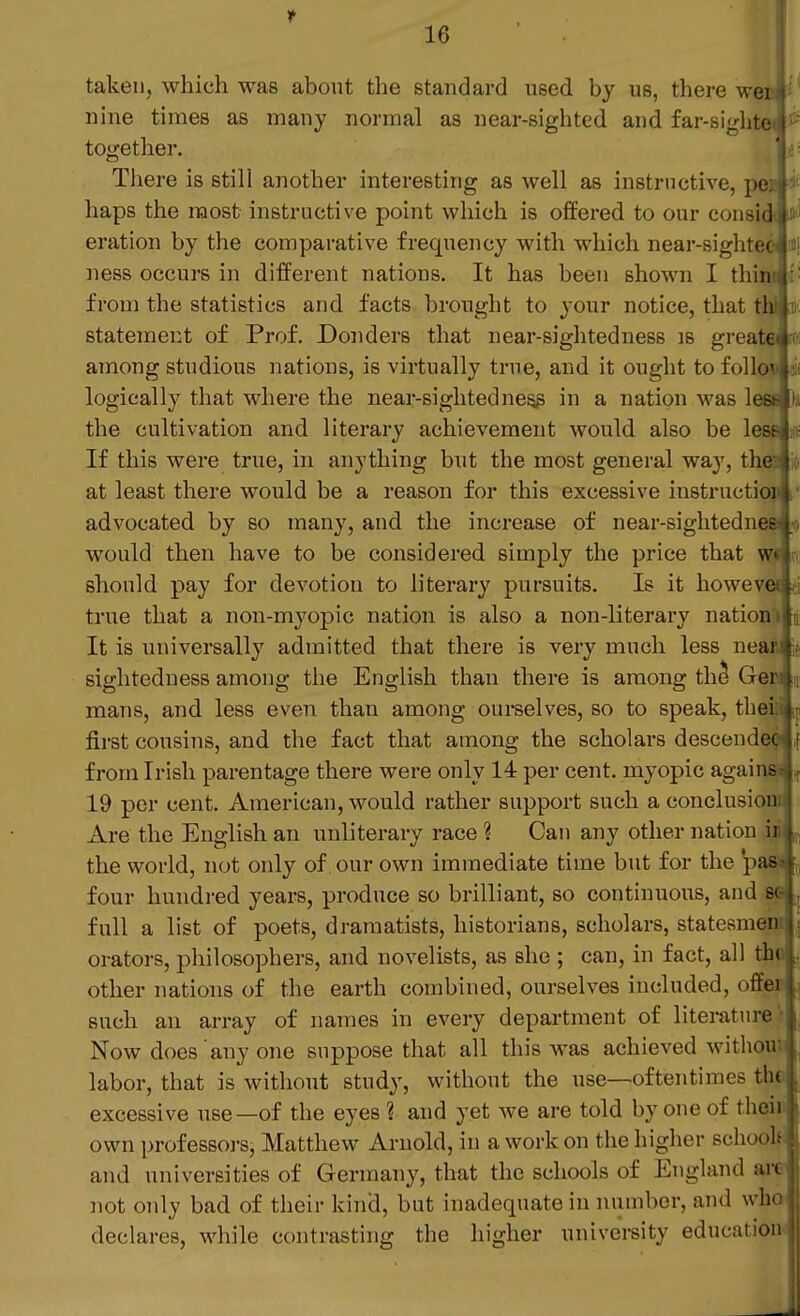 taken, which was about the standard used by us, there wei nine times as many normal as near-sighted and far-siglite I together. There is still another interesting as well as instructive, pe: t haps the most instructive point which is offered to our considti;' eration by the comparative frequency with which near-sightedj' ness occurs in different nations. It has been shown I thii from the statistics and facts brought to your notice, that tl statement of Prof. Donders that near-sightedness is great among studious nations, is virtually true, and it ought to folli logically that where the near-sightedne^ in a nation was leeiiiia the cultivation and literary achievement would also be lest* If this were true, in anything but the most general way, the: at least there would be a reason for this excessive instructioi ( advocated by so many, and the increase of near-sightednes^ would then have to be considered simply the price that \v should pay for devotion to literary pursuits. Is it howevc true that a non-myopic nation is also a non-literary nationi It is universally admitted that there is very much less nearj sightedness among the English than there is among thi Gera mans, and less even than among ourselves, so to speak, theis first cousins, and the fact that among the scholars descended from Irish parentage there were only 14 per cent, myopic again© 19 per cent. American, would rather support such a conclusion! Are the English an unliterary race ? Can any other nation i^ the world, not only of. our own immediate time but for the pa^ four hundred years, produce so brilliant, so continuous, and full a list of poets, dramatists, historians, scholars, statesmeaji orators, philosophers, and novelists, as she ; can, in fact, all thji other nations of the earth combined, ourselves included, offen such an array of names in every department of literature* Now does any one suppose that all this was achieved without labor, that is without study, without the use—oftentimes th( excessive use—of the eyes ? and yet we are told by one of then own professors, Matthew Arnold, in a work on the higher schools and universities of Germany, that the schools of England art not only bad of their kind, but inadequate in number, and who declares, while contrasting the higher univei-sity education