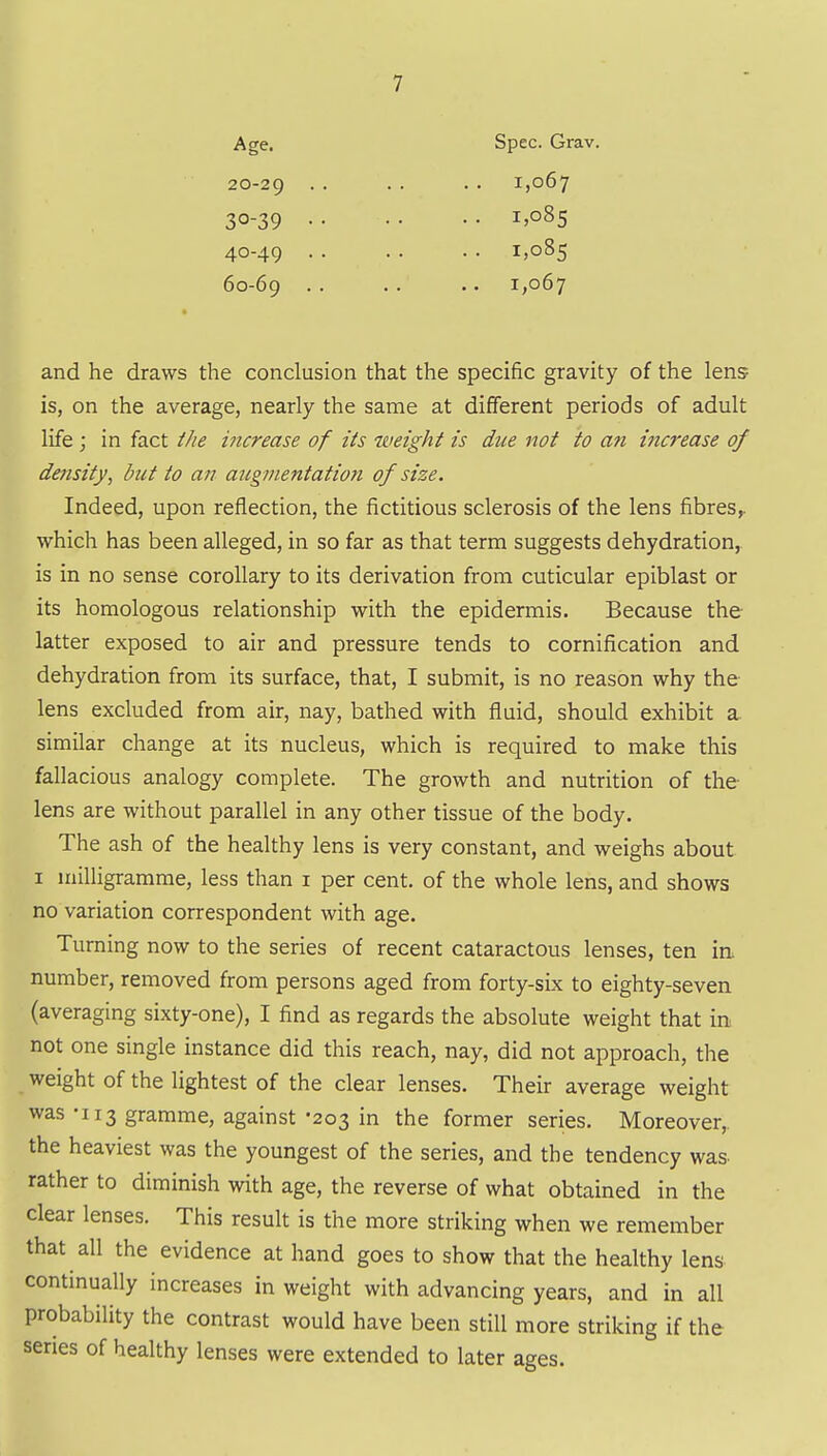 Age. Spec. Grav. 60-69 30-39 40-49 20-29 1,067 1,085 1,085 1,067 and he draws the conclusion that the specific gravity of the lens is, on the average, nearly the same at diflferent periods of adult life ; in fact ike increase of its weight is due not to an increase of density, bict to an augmentation of size. Indeed, upon reflection, the fictitious sclerosis of the lens fibres,, which has been alleged, in so far as that term suggests dehydration,, is in no sense corollary to its derivation from cuticular epiblast or its homologous relationship with the epidermis. Because the latter exposed to air and pressure tends to cornification and dehydration from its surface, that, I submit, is no reason why the lens excluded from air, nay, bathed with fluid, should exhibit a similar change at its nucleus, which is required to make this fallacious analogy complete. The growth and nutrition of the lens are without parallel in any other tissue of the body. The ash of the healthy lens is very constant, and weighs about I milligramme, less than i per cent, of the whole lens, and shows no variation correspondent with age. Turning now to the series of recent cataractous lenses, ten in. number, removed from persons aged from forty-six to eighty-seven (averaging sixty-one), I find as regards the absolute weight that in not one single instance did this reach, nay, did not approach, the weight of the lightest of the clear lenses. Their average weight was-113 gramme, against-203 in the former series. Moreover,, the heaviest was the youngest of the series, and the tendency was rather to diminish with age, the reverse of what obtained in the clear lenses. This result is the more striking when we remember that all the evidence at hand goes to show that the healthy lens continually increases in weight with advancing years, and in all probability the contrast would have been still more striking if the series of healthy lenses were extended to later ages.