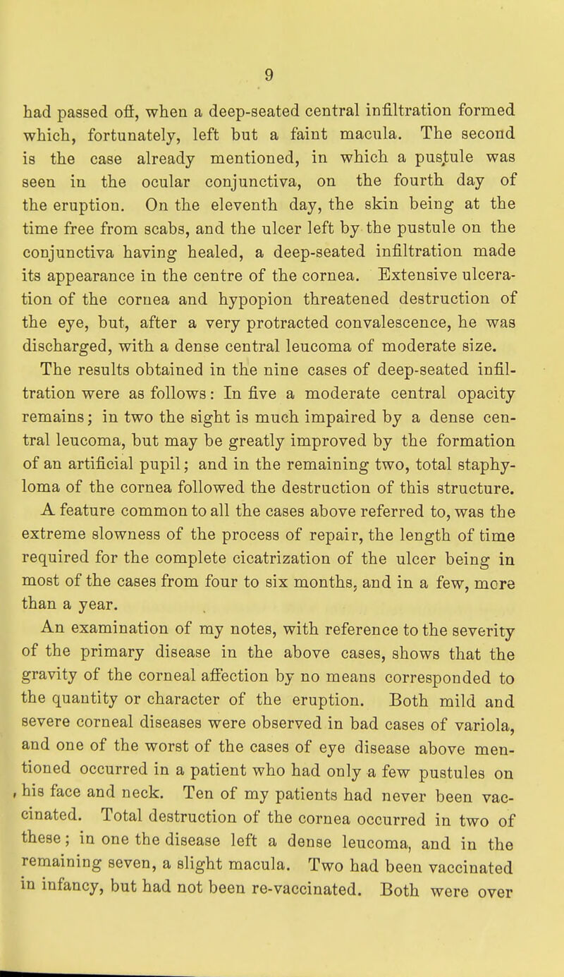 had passed off, when a deep-seated central infiltration formed which, fortunately, left but a faint macula. The second is the case already mentioned, in which a pusjtule was seen in the ocular conjunctiva, on the fourth day of the eruption. On the eleventh day, the skin being at the time free from scabs, and the ulcer left by the pustule on the conjunctiva having healed, a deep-seated infiltration made its appearance in the centre of the cornea. Extensive ulcera- tion of the cornea and hypopion threatened destruction of the eye, but, after a very protracted convalescence, he was discharged, with a dense central leucoma of moderate size. The results obtained in the nine cases of deep-seated infil- tration were as follows: In five a moderate central opacity remains; in two the sight is much impaired by a dense cen- tral leucoma, but may be greatly improved by the formation of an artificial pupil; and in the remaining two, total staphy- loma of the cornea followed the destruction of this structure. A feature common to all the cases above referred to, was the extreme slowness of the process of repair, the length of time required for the complete cicatrization of the ulcer being in most of the cases from four to six months, and in a few, more than a year. An examination of my notes, with reference to the severity of the primary disease in the above cases, shows that the gravity of the corneal affection by no means corresponded to the quantity or character of the eruption. Both mild and severe corneal diseases were observed in bad cases of variola, and one of the worst of the cases of eye disease above men- tioned occurred in a patient who had only a few pustules on , his face and neck. Ten of my patients had never been vac- cinated. Total destruction of the cornea occurred in two of these; in one the disease left a dense leucoma, and in the remaining seven, a slight macula. Two had been vaccinated in infancy, but had not been re-vaccinated. Both were over