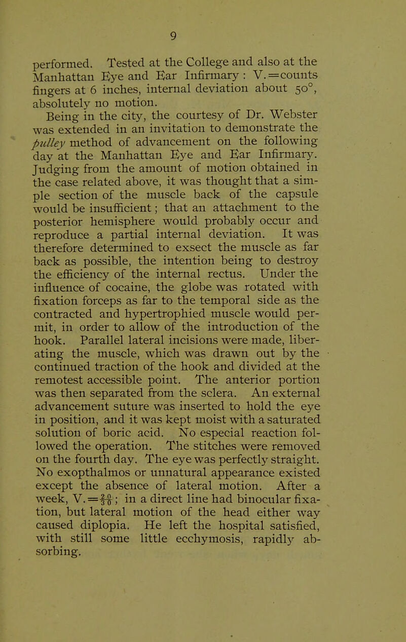 performed. Tested at the College and also at the Manhattan Kye and Ear Infirmary: V.= counts fingers at 6 inches, internal deviation about 50°, absolutely no motion. Being in the city, the courtesy of Dr. Webster was extended in an invitation to demonstrate the pulley method of advancement on the following day at the Manhattan Kye and Bar Infirmary. Judging from the amount of motion obtained in the case related above, it was thought that a sim- ple section of the muscle back of the capsule would be insufficient; that an attachment to the posterior hemisphere would probably occur and reproduce a partial internal deviation. It was therefore determined to exsect the muscle as far back as possible, the intention being to destroy the efficiency of the internal rectus. Under the influence of cocaine, the globe was rotated with fixation forceps as far to the temporal side as the contracted and hypertrophied muscle would per- mit, in order to allow of the introduction of the hook. Parallel lateral incisions were made, liber- ating the muscle, which was drawn out by the continued traction of the hook and divided at the remotest accessible point. The anterior portion was then separated from the sclera. An external advancement suture was inserted to hold the eye in position, and it was kept moist with a saturated solution of boric acid. No especial reaction fol- lowed the operation. The stitches were removed on the fourth day. The eye was perfectly straight. No exopthalmos or unnatural appearance existed except the absence of lateral motion. After a week, V.=f|; in a direct line had binocular fixa- tion, but lateral motion of the head either way caused diplopia. He left the hospital satisfied, with still some little ecchymosis, rapidl}^ ab- sorbing.