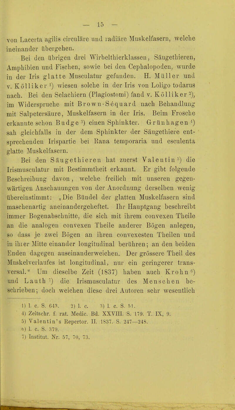 von Laeerta agilis cirouläre und radiäre Muskelfasern, welche ineinander Übergehen. Bei den übrigen drei Wirbelthierklassen, Säugethieren, Amphibien und Fischen, sowie bei den Cephalopoden, wurde in der Iris glatte Musculatur gefunden. H. Müller und v. Kölliker •) wiesen solche in der Iris von Loligo todarus nach. Bei den Selachiern (Plagiostomi) fand v. Kölliker 2), im Widerspruche mit Brown-Sequard nach Behandlung mit Salpetersäure, Muskelfasern in der Iris. Beim Frosche erkannte schon Budge3) einen Sphinkter. Grünhagen4) sah gleichfalls in der dem Sphinkter der Säugethiere ent- sprechenden Irispartie bei Rana temporaria und esculenta glatte Muskelfasern. Bei den Säugethieren hat zuerst Valentin5) die Irismusculatur mit Bestimmtheit erkannt. Er gibt folgende Beschreibung davon, welche freilich mit unseren gegen- wärtigen Anschauungen von der Anordnung derselben wenig übereinstimmt: „Die Bündel der glatten Muskelfasern sind maschenartig aneinandergeheftet. Ihr Hauptgang beschreibt immer Bogenabschnitte, die sich mit ihrem convexen Theile an die analogen convexen Theile anderer Bögen anlegen, so dass je zwei Bögen an ihren convexesten Theilen und in ihier Mitte einander longitudinal berühren; an den beiden Enden dagegen auseinanderweichen. Der grössere Theil des Muskelverlaufes ist longitudinal, nur ein geringerer trans- versal. Um dieselbe Zeit (1837) haben auch Krohn6) und Lauth 7) die Irismusculatur des Menschen be- schrieben ; doch weichen diese drei Autoren sehr wesentlich 1)1. C. S. 643. 2) 1. c. 3) 1. c. S. 51. 4) Zeitschr. f. rat. Medic. Bd. XXVIII. S. 179. T. IX, 9. 5) Valentin's Repertor. II. 1837. S. 247—24S. b) 1. c. S. 379. 7) Institut. Nr. 57, 70, 73.