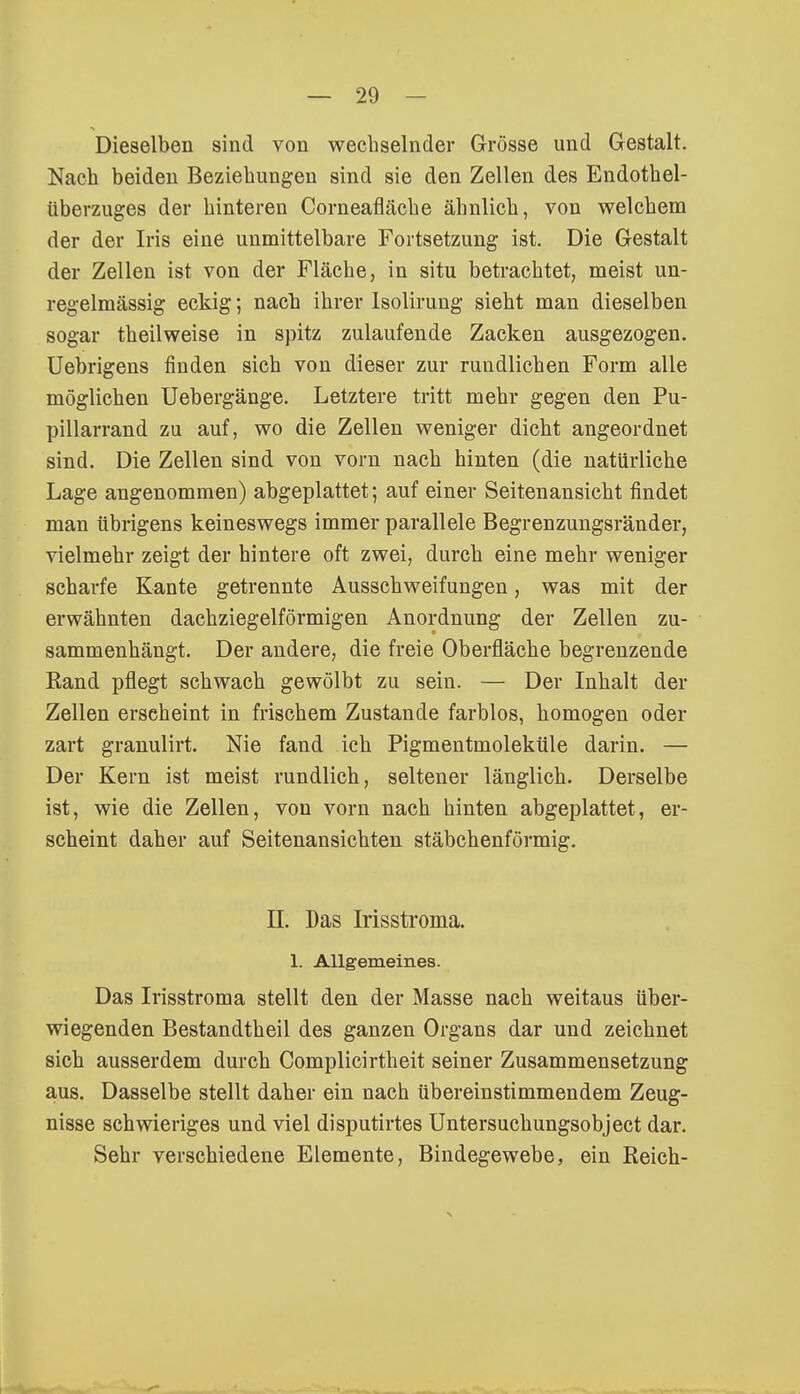 Dieselben sind von wechselnder Grösse und Gestalt. Nach beiden Beziehungen sind sie den Zellen des Endothel- überzuges der hinteren Corneafläche ähnlich, von welchem der der Iris eine unmittelbare Fortsetzung ist. Die Gestalt der Zellen ist von der Fläche, in situ betrachtet, meist un- regelmässig eckig; nach ihrer Isolirung sieht man dieselben sogar theilweise in spitz zulaufende Zacken ausgezogen. Uebrigens finden sich von dieser zur rundlichen Form alle möglichen Uebergänge. Letztere tritt mehr gegen den Pu- pillarrand zu auf, wo die Zellen weniger dicht angeordnet sind. Die Zellen sind von vorn nach hinten (die natürliche Lage angenommen) abgeplattet; auf einer Seitenansicht findet man übrigens keineswegs immer parallele Begrenzungsränder, vielmehr zeigt der hintere oft zwei, durch eine mehr weniger scharfe Kante getrennte Ausschweifungen, was mit der erwähnten dachziegelförmigen Anordnung der Zellen zu- sammenhängt. Der andere, die freie Oberfläche begrenzende Band pflegt schwach gewölbt zu sein. — Der Inhalt der Zellen erscheint in frischem Zustande farblos, homogen oder zart granulirt. Nie fand ich Pigmentmoleküle darin. — Der Kern ist meist rundlich, seltener länglich. Derselbe ist, wie die Zellen, von vorn nach hinten abgeplattet, er- scheint daher auf Seitenansichten stäbchenförmig. IL Das Irisstroma. 1. Allgemeines. Das Irisstroma stellt den der Masse nach weitaus über- wiegenden Bestandtheil des ganzen Organs dar und zeichnet sich ausserdem durch Complicirtheit seiner Zusammensetzung aus. Dasselbe stellt daher ein nach übereinstimmendem Zeug- nisse schwieriges und viel disputirtes Untersuchungsobject dar. Sehr verschiedene Elemente, Bindegewebe, ein Reich-