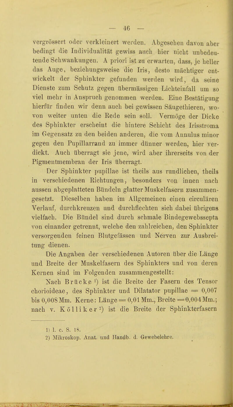 vergrössert oder verkleinert werden. Abgesehen davon aber bedingt die Individualität gewiss auch hier nicht unbedeu- tende Schwankungen. A priori ist zu erwarten, dass, je heller das Auge, beziehungsweise die Iris, desto mächtiger ent- wickelt der Sphinkter gefunden werden wird, da seine Dienste zum Schutz gegen übermässigen Lichteinfall um so viel mehr in Anspruch genommen werden. Eine Bestätigung hierfür rinden wir denn auch bei gewissen Säugethieren, wo- von weiter unten die Rede sein soll. Vermöge der Dicke des Sphinkter erscheint die hintere Schicht des Irisstroma im Gegensatz zu den beiden anderen, die vom Annulus minor gegen den Pupillarrand zu immer dünner werden, hier ver- dickt. Auch überragt sie jene, wird aber ihrerseits von der Pigmentmembran der Iris überragt. Der Sphinkter pupillae ist theils aus rundlichen, theils in verschiedenen Richtungen, besonders von innen nach aussen abgeplatteten Bündeln glatter Muskelfasern zusammen- gesetzt. Dieselben haben im Allgemeinen einen circulären Verlauf, durchkreuzen und durchflechten sich dabei übrigens vielfach. Die Bündel sind durch schmale Bindegewebssepta von einander getrennt, welche den zahlreichen, den Sphinkter versorgenden feinen Blutgefässen und Nerven zur Ausbrei- tung dienen. Die Angaben der verschiedenen Autoren über die Länge und Breite der Muskelfasern des Sphinkters und von deren Kernen sind im Folgenden zusammengestellt: Nach Brücke l) ist die Breite der Fasern des Tensor chorioideae, des Sphinkter und Dilatator pupillae — 0,007 bis 0,008Mm. Kerne: Länge = 0,01 Mm., Breite =0,004Mm.; nach v. K ö 11 i k e r -) ist die Breite der Sphinkterfasern 1) 1. c. S. 18. 2) Mikroskop. Anat. und Handb. d. Gewebelehre.