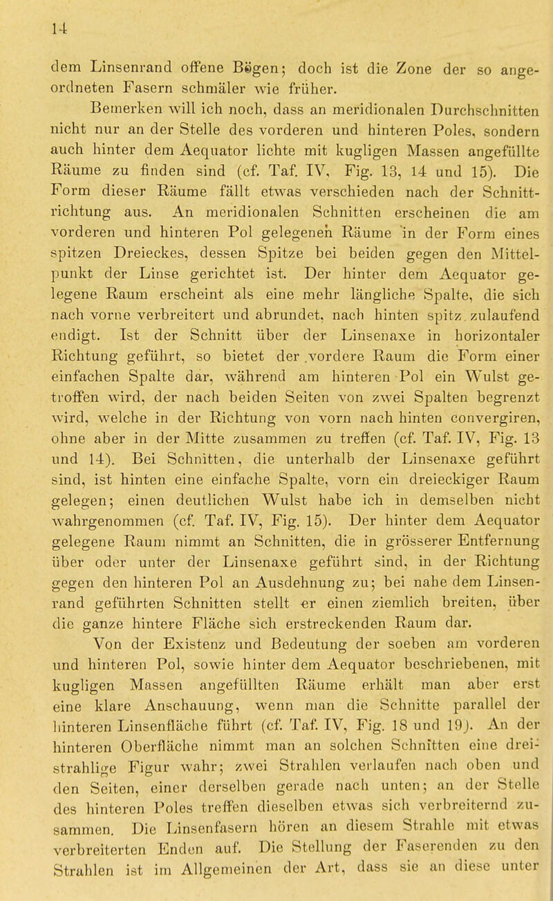 dem Linsenrand offene Bögen; doch ist die Zone der so ange- ordneten Fasern schmäler wie früher. Bemerken will ich noch, dass an meridionalen Durchschnitten nicht nur an der Stelle des vorderen und hinteren Poles, sondern auch hinter dem Aequator lichte mit kugligen Massen angefüllte Räume zu finden sind (cf. Taf. IV, Fig. 13, 14 und 15). Die Form dieser Räume fällt etwas verschieden nach der Schnitt- richtung aus. An meridionalen Schnitten erscheinen die am vorderen und hinteren Pol gelegenen Räume in der Form eines spitzen Dreieckes, dessen Spitze bei beiden gegen den Mittel- punkt der Linse gerichtet ist. Der hinter dem Aequator ge- legene Raum erscheint als eine mehr längliche Spalte, die sich nach vorne verbreitert und abrundet, nach hinten spitz, zulaufend endigt. Ist der Schnitt über der Linsenaxe in horizontaler Richtung geführt, so bietet der .vordere Raum die Form einer einfachen Spalte dar, während am hinteren Pol ein Wulst ge- troffen wird, der nach beiden Seiten von zwei Spalten begrenzt wird, welche in der Richtung von vorn nach hinten convergiren, ohne aber in der Mitte zusammen zu treffen (cf. Taf. IV, Fig. 13 und 14). Bei Schnitten, die unterhalb der Linsenaxe geführt sind, ist hinten eine einfache Spalte, vorn ein dreieckiger Raum gelegen; einen deutlichen Wulst habe ich in demselben nicht wahrgenommen (cf. Taf. IV, Fig. 15). Der hinter dem Aequator gelegene Raum nimmt an Schnitten, die in grösserer Entfernung über oder unter der Linsenaxe geführt sind, in der Richtung gegen den hinteren Pol an Ausdehnung zu; bei nahe dem Linsen- rand geführten Schnitten stellt er einen ziemlich breiten, über die ganze hintere Fläche sich erstreckenden Raum dar. Von der Existenz und Bedeutung der soeben am vorderen und hinteren Pol, sowie hinter dem Aequator beschriebenen, mit kugligen Massen angefüllten Räume erhält man aber erst eine klare Anschauung, wenn man die Schnitte parallel der hinteren Linsenfläche führt (cf. Taf. IV, Fig. 18 und 19J. An der hinteren Oberfläche nimmt man an solchen Schnitten eine drei: strahlige Figur wahr; zwei Strahlen verlaufen nach oben und den Seiten, einer derselben gerade nach unten; an der Stelle des hinteren Poles treffen dieselben etwas sich verbreiternd zu- sammen. Die Linsenfasern hören an diesem Strahle mit etwas verbreiterten Enden auf. Die Stellung der Faserenden zu den Strahlen ist im Allgemeinen der Art, dass sie an diese unter