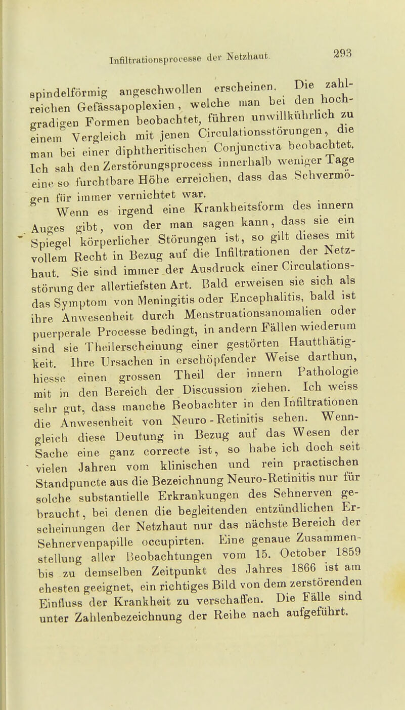 spindelförmig angeschwollen erschemen. Die zahl reichen Gefässapoplexien, welche man l^;^/^««^' gradigen Formen beobachtet, führen unwillkiihrhch zu einem Vergleich mit jenen Circulationsstörungen die man bei einer diphtheritischen Conjunctiva beobachtet. Ich sah den Zerstörungsprocess innerhalb weniger Tage eine so furchtbare Höhe erreichen, dass das Sehvermo- sen für immer vernichtet war. Wenn es irgend eine Krankheitsform des innern Au-es gibt, von der man sagen kann, dass sie ein Spiegel körperhcher Störungen ist, so gilt dieses mit vollem Recht in Bezug auf die Infiltrationen der Netz- haut Sie sind immer der Ausdruck einer Circulations- störung der allertiefsten Art. Bald erweisen sie sich als das Symptom von Meningitis oder Encephalitis, bald ist ihre Anwesenheit durch Menstruationsanomalien oder puerperale Processe bedingt, in andern Fällen wiederum sind sie Theilerscheinung einer gestörten Hautthatig- keit Ihre Ursachen in erschöpfender Weise darthun, hiesse einen grossen Theil der innern Pathologie mit in den Bereich der Discussion ziehen. Ich weiss sehr gut, dass manche Beobachter in den Infiltrationen die Anwesenheit von Neuro - Retinitis sehen. Wenn- gleich diese Deutung in Bezug auf das Wesen der Sache eine ganz correcte ist, so habe ich doch seit - vielen Jahren vom klinischen und rein practischen Standpuncte aus die Bezeichnung Neuro-Retinitis nur für solche substantielle Erkrankungen des Sehnerven ge- braucht, bei denen die begleitenden entzündlichen Er- scheinungen der Netzhaut nur das nächste Bereich der SehnervenpapiUe occupirten. P^ine genaue Zusammen- stellung aller Beobachtungen vom 15. October 1859 bis zu demselben Zeitpunkt des Jahres 1866 ist am ehesten geeignet, ein richtiges Bild von dem zerstörenden Einfluss der Krankheit zu verschaffen. Die Fälle sind unter Zahlenbezeichnung der Reihe nach aufgeführt.