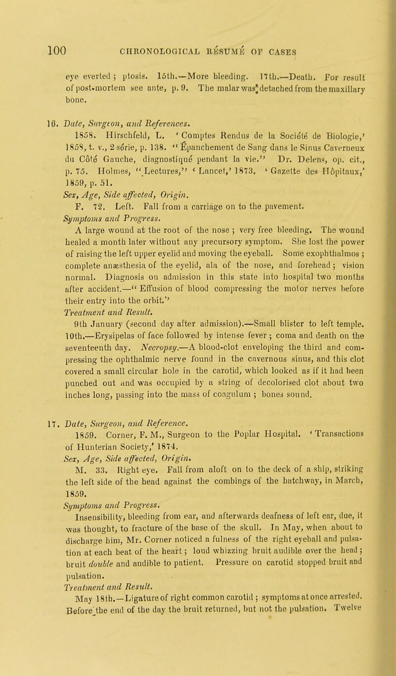 eye everted ; ptosis. 16th.—More bleeding. 17lh.—Death. For result of post.mortem see ante, p. 9. The malar wasdetached from the maxillary bone. 16. Dale, Surgton, and References. 1858. Hirschfeld, L. ' Comptes Rendiis de la Sociele de Biologie,' ]85S, t. v., 2 serie, p. 138.  Epanchement de Sang dans le Sinus Cuverneux dn Cote Gauche, diagnostique pendant la vie. Dr. Delens, op. cit., p. 75. Holmes,  Lectures, ' Lancet,' 18T3, ' Gazette des H&pitaux,' 1859, p. 51. Sex, Age, Side affected. Origin. F, 72. Left. Fall from a carriage on to the pavement. Symptoms and Progress. A large wound at the root of the nose ; very free bleeding. The wound healed a month later without any precursory symptom. She lost the power of raising the left upper eyelid and moving the eyeball. Some exophthalmos ; complete anaesthesia of the ej'elid, ala of the nose, and forehead ; vision normal. Diagnosis on admission in this state into hospital two months after accident.— Efi'usion of blood compressing the motor nerves before their entry into the orbit.'' Treatment and Result. 9th January (second day after admission).—Small blister to left temple. 10th.—Erysipelas of face followed by intense fever ; coma and death on the seventeenth day. Necropsy.—A blood-clot enveloping the third and com- pressing the ophthalmic nerve found in the cavernous sinus, and this clot covered a small circular hole in the carotid, which looked as if it had been punched out and was occupied by a string of decolorised clot about two inches long, passing into the mass of coagulum ; bones sound, 17. Bate, Surgeon, and Reference. 1859. Corner, F. M., Surgeon to the Poplar Hospital. ' Transactions of Hunterian Society,' 1874. Sex, Age, Side affected, Origin. M. 33. Right eye. Fall from aloft on to the deck of a ship, striking the left side of the head against the combings of the hatchway, in March, 1859. Symptoms and Progress. Insensibility, bleeding from ear, and afterwards deafness of left ear, due, it was thought, to fracture of the base of the skull. In May, when about to discharge him, Mr. Corner noticed a fulness of the right eyeball and pulsa- tion at each beat of the heart; loud whizzing bruit audil)le over the head ; bruit double and audible to patient. Pressure on carotid stopped bruit and pulsation. Treatment and Result. May 18tb.—Ligature of right common carotid ; symptoms at once arrested. Before'the end of the day the bruit returned, but not the pulsation. Twelve