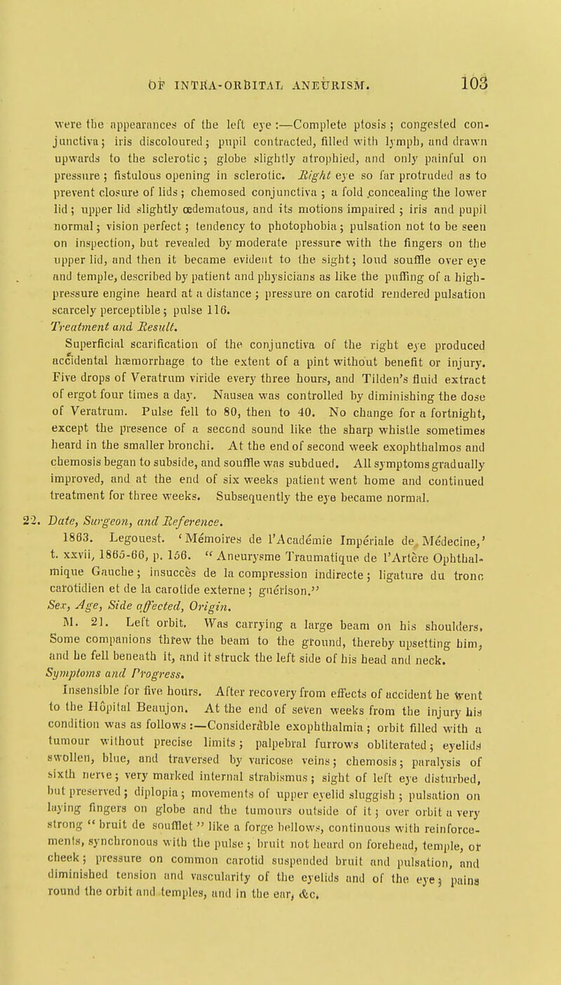 10^ were tbc appearances of the left eye :—Complete ptosis ; congested con- junctivn; iris discoloured; pupil contracted, filled witii lympb, and drawn upwards to the sclerotic; globe slightly atrophied, and only painful on pressure; fistulous opening in sclerotic. Bight eye so fur protruded as to prevent closure of lids ; chemosed conjunctiva ; a fold .concealing the lower lid; upper lid slightly cedematous, and its motions impaired ; iris and pupil normal; vision perfect; tendency to photophobia; pulsation not to be seen on inspection, but revealed by moderate pressure with the fingers on the upper lid, and then it became evident to the sight; loud souffle over eye and temple, described by patient and physicians as like the puffing of a high- pressure engine heard at a distance ; pressure on carotid rendered pulsation scarcely perceptible; pulse 116. Treatment and Eesidt, Superficial scarification of the conjunctiva of the right eye produced accidental haemorrhage to the extent of a pint without benefit or injury. Five drops of Veratrum viride every three hours, and Tilden's fluid extract of ergot four times a day. Nausea was controlled by diminishing the dose of Veratrum. Pulse fell to 80, then to 40. No change for a fortnight, except the presence of a second sound lilte the sharp whistle sometimes heard in the smaller bronchi. At the end of second week exophthalmos and chemosis began to subside, and souffle was subdued. All symptoms gradually improved, and at the end of six weeks patient went home and continued treatment for three weeks. Subsequently the eye became normal. Bate, Surgeon, and Reference. 1863. Legouest. 'Memoires de I'Academie Imperiale de^Medecine,' t. xxvii, 1865-66, p. 166.  Aneurysme Traumatique de I'Artere Ophthal- mique Gauche; insucces de la compression indirecte; ligature du tronc carotidien et de la carolide externe ; guerison. Sex, Jge, Side affected. Origin. i\l. 21. Left orbit. Was carrying a large beam on his shoulders. Some companions threw the beam to the ground, thereby upsetting him, and he fell beneath it, and it struck the left side of his head and neck. Symptoms and Progress. Insensible for five hours. After recovery from effects of accident he frent to the Hopitul Beaujon. At the end of seVen weeks from the injury liis condition was as follows :—Considerable exophthalmia ; orbit filled with a tumour without precise limits; palpebral furrows obliterated; eyelid.-^ swollen, blue, and traversed by varicose veins; chemosis; paralysis of sixth ner\e; very marked internal strabismus; sight of left eye disturbed, but preserved ; diplopia; movements of upper eyelid sluggish; pulsation on laying fingers on globe and the tumours outside of it; over orbit a very strong  bruit de soufflet  like a forge bellows, continuous with reinforce- ments, synchronous with the pulse; bruit not heard on forehead, temple, of cheek; pressure on common carotid suspended bruit and pulsation, and diminished tension and vascularity of the eyelids and of the eyej pains round the orbit and temples, and in the ear, Ac.