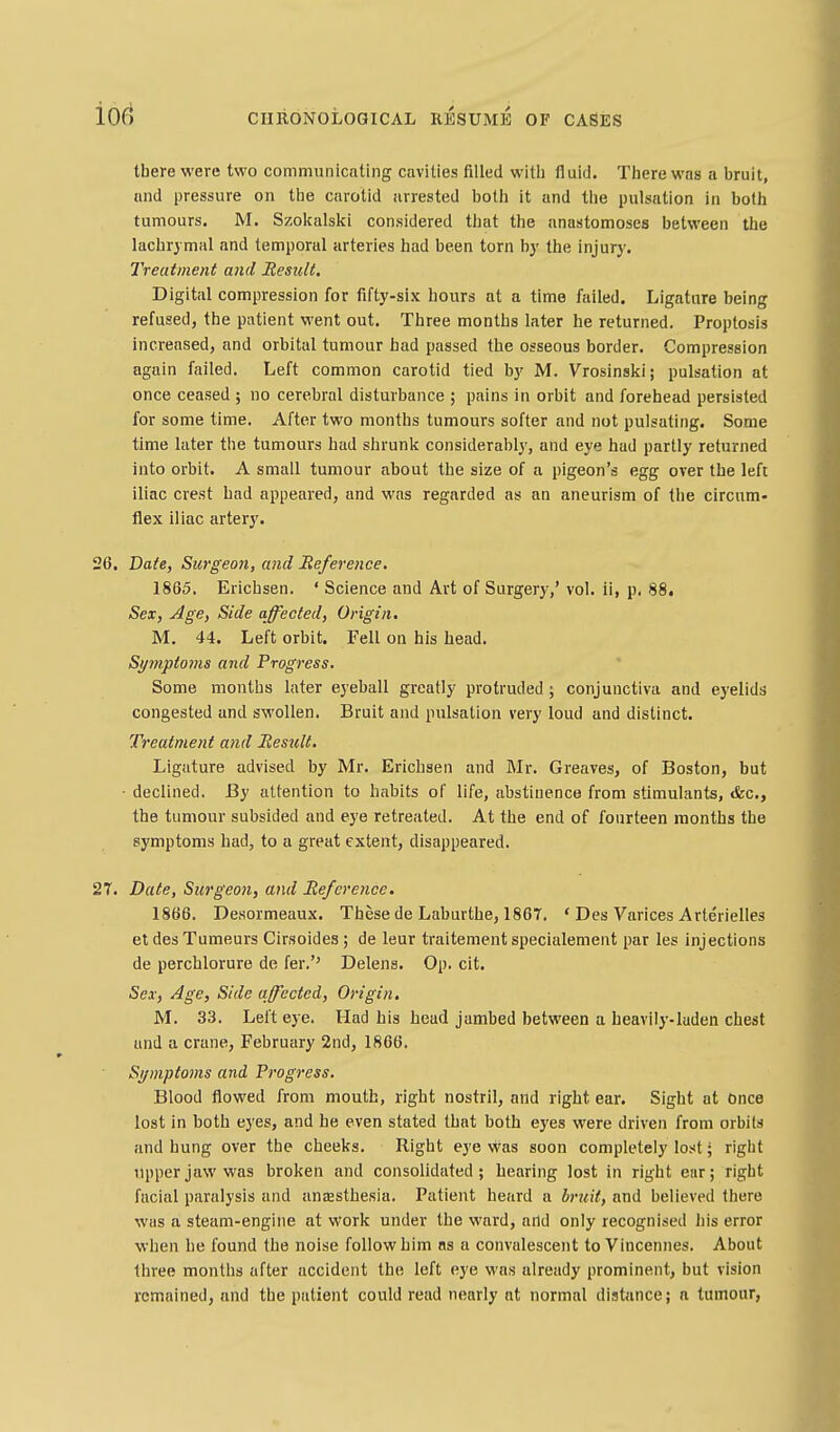 there were two communicating cavities filled witli fluid. Tliere was a bruit, and pressure on the carotid arrested both it and the pulsation in both tumours. M. Szokalski considered tliat the anastomoses between the lachrymal and temporal arteries had been torn by the injury. Treatment and Result, Digital compression for fifty-six hours at a time failed. Ligature being refused, the patient went out. Three months later he returned. Proptosis increased, and orbital tumour bad passed the osseous border. Compression again failed. Left common carotid tied by M. Vrosinski; pulsation at once ceased ; no cerebral disturbance ; pains in orbit and forehead persisted for some time. After two months tumours softer and not pulsating. Some time later the tumours had shrunk considerably, and eye had partly returned into orbit. A small tumour about the size of a pigeon's egg over the left iliac crest had appeared, and was regarded as an aneurism of the circum- flex iliac artery. 26. Date, Surgeon, and Reference. 1865. Erichsen. ' Science and Art of Surgery,' vol. ii, p. 88« .Sex, Age, Side affected. Origin. M. 44. Left orbit. Fell on his head. Spnptoms and Progress. ' Some months later eyeball greatly protruded; conjunctiva and eyelids congested and swollen. Bruit and pulsation very loud and distinct. Treatment and Result. Ligature advised by Mr. Erichsen and Mr. Greaves, of Boston, but • declined. By attention to habits of life, abstinence from stimulants, <fec., the tumour subsided and eye retreated. At the end of fourteen months the symptoms had, to a great extent, disappeared. 27. Date, Surgeon, and Reference. 1866. Desormeaux. These de Laburthe, 1867. ' Des Varices Arterielles et des Tumeurs Cirsoides ; de leur traitement specialement par les injections de perchlorure de fer.'' Delens. Op. cit. Sex, Age, Side affected, Origin, M. 33. Left eye. Had his head jambed between a heavily-laden chest and a crane, February 2nd, 1866. Symptoms and Progress. Blood flowed from mouth, right nostril, and right ear. Sight at Once lost in both eyes, and he even stated that both eyes were driven from orbits and hung over the cheeks. Right eye vvas soon completely lost; right ripper jaw was broken and consolidated; hearing lost in right ear; right facial paralysis and autesthesia. Patient heard a brjtit, and believed there was a steam-engine at work under the ward, artd only recognised his error when he found the noise follow Lim ns a convalescent to Vincennes. About three months after accident the left eye was already prominent, but vision remained, and the patient could read nearly at normal distance; a tumour,