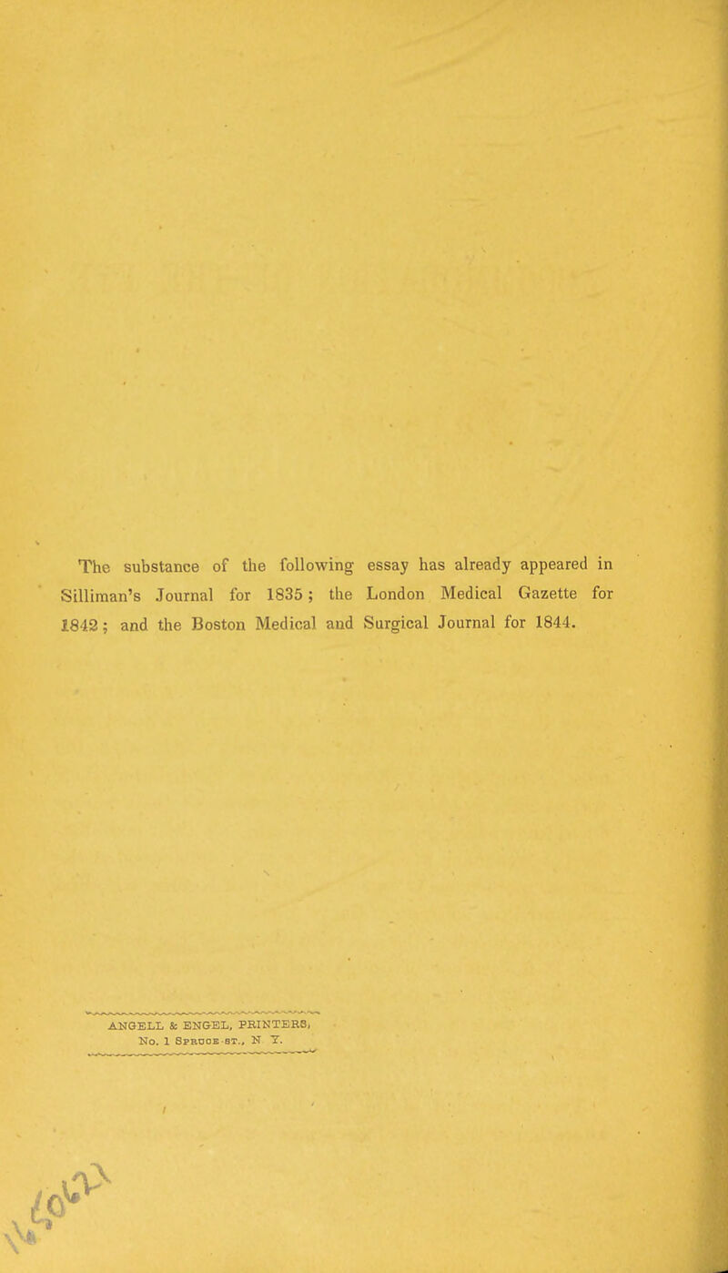 Silliman's Journal for 1835 ; the London Medical Gazette for 1842; and the Boston Medical and Surgical Journal for 1844. ANGELL & ENGEL, PEINTEB8, No. 1 Sprooe st., N T. V