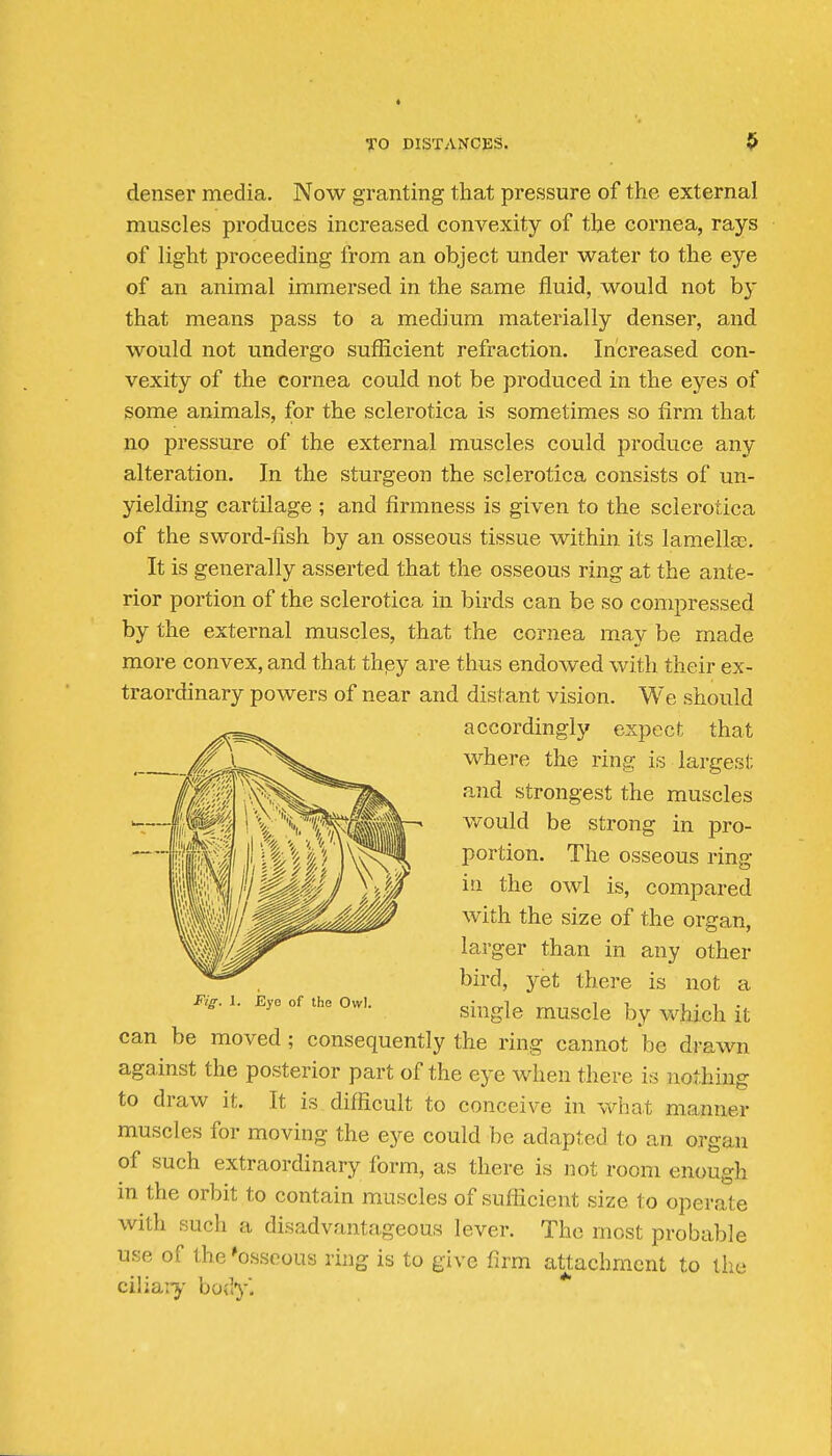 TO DISTANCES. $ denser media. Now granting that pressure of the external muscles produces increased convexity of the cornea, rays of light proceeding from an object under water to the eye of an animal immersed in the same fluid, would not by that means pass to a medium materially denser, and would not undergo sufficient refraction. Increased con- vexity of the cornea could not be produced in the eyes of some animals, for the sclerotica is sometimes so firm that no pressure of the external muscles could produce any alteration. In the sturgeon the sclerotica consists of un- yielding cartilage ; and firmness is given to the sclerotica of the sword-fish by an osseous tissue within its lamella;. It is generally asserted that the osseous ring at the ante- rior portion of the sclerotica in birds can be so compressed by the external muscles, that the cornea m.ay be made more convex, and that thpy are thus endowed with their ex- traordinary powers of near and distant vision. We should accordingly expect that where the ring is largest and strongest the muscles would be strong in pro- portion. The osseous ring ill the owl is, compared with the size of the organ, larger than in any other bird, yet there is not a single muscle by which it can be moved; consequently the ring cannot be drawn against the posterior part of the eye when there is nothing to draw it. It is difficult to conceive in what manner muscles for moving the eye could be adapted to an organ of such extraordinary form, as there is not room enough in the orbit to contain muscles of sufficient size to operate with such a disadvantageous lever. The most probable use of the ^osseous ring is to give firm attachment to the ciliaiy body. * Fig. 1. Eye of the Owl.