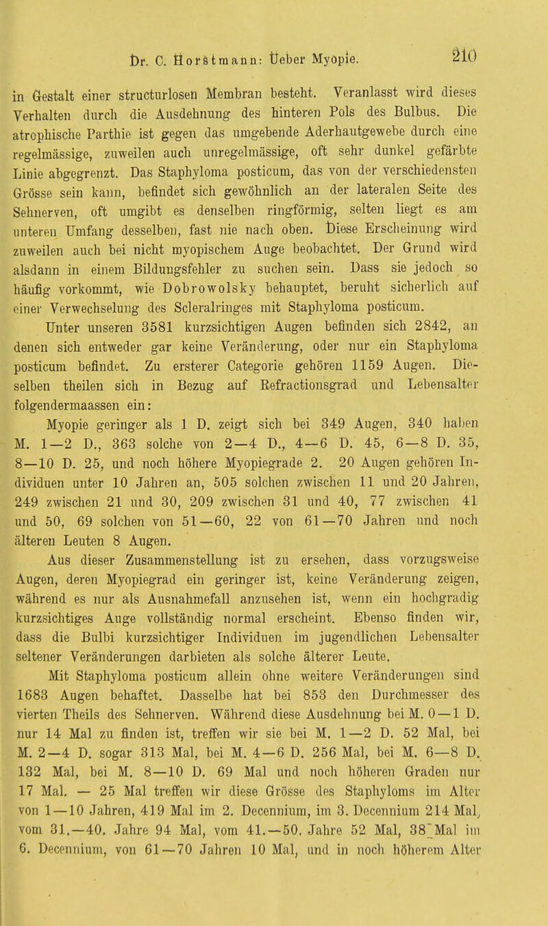 ^10 in Gestalt einer structurlosen Membran besteht. Veranlasst wird dieses Verhalten durch die Ausdehnung des hinteren Pols des Bulbus. Die atrophische Parthie ist gegen das umgebende Aderhautgewehe durch eine regelmässige, zuweilen auch unregelmässige, oft sehr dunkel gefärbte Linie abgegrenzt. Das Staphyloma posticum, das von der verschiedensten Grösse sein kann, befindet sich gewöhnlich an der lateralen Seite des Sehnerven, oft umgibt es denselben ringförmig, selten liegt es am unteren Umfang desselben, fast nie nach oben. Öiese Erscheinung wird zuweilen auch bei nicht myopischem Auge beobachtet. Der Grund wird alsdann in einem Bildungsfehler zu suchen sein. Dass sie jedoch so häufig vorkommt, wie Dobrowolsky behauptet, beruht sicherlich auf einer Verwechselung des Scleralringes mit Staphyloma posticum. Unter unseren 3581 kurzsichtigen Augen befinden sich 2842, an denen sich entweder gar keine Veränderung, oder nur ein Staphyloma posticum befindet. Zu ersterer Categorie gehören 1159 Augen. Die- selben theilen sich in Bezug auf Eefractionsgrad und Lebensalter folgendermaassen ein: Myopie geringer als 1 D. zeigt sich bei 349 Augen, 340 haben M. 1—2 D., 368 solche von 2—4 D., 4—6 D. 45, 6—8 D. 35, 8—10 D. 25, und noch höhere Myopiegrade 2. 20 Augen gehören In- dividuen unter 10 Jahren an, 505 solchen zwischen 11 und 20 Jahren, 249 zwischen 21 und 30, 209 zwischen 31 und 40, 77 zwischen 41 und 50, 69 solchen von 51—60, 22 von 61 — 70 Jahren und noch älteren Leuten 8 Augen. Aus dieser Zusammenstellung ist zu ersehen, dass vorzugsweise Augen, deren Myopiegrad ein geringer ist, keine Veränderung zeigen, während es nur als Ausnahmefall anzusehen ist, wenn ein hochgradig kurzsichtiges Auge vollständig normal erscheint. Ebenso finden wir, dass die Bulbi kurzsichtiger Individuen im jugendlichen Lebensalter seltener Veränderungen darbieten als solche älterer Leute. Mit Staphyloma posticum allein ohne weitere Veränderungen sind 1683 Augen behaftet. Dasselbe hat bei 853 den Durchmesser des vierten Theils des Sehnerven. Während diese Ausdehnung beiM. 0 —1 D. nur 14 Mal zu finden ist, treffen wir sie bei M. 1—2 D. 52 Mal, bei M. 2—4 D. sogar 313 Mal, bei M. 4—6 D. 256 Mal, bei M. 6—8 D. 132 Mal, bei M. 8—10 D. 69 Mal und noch höheren Graden nur 17 Mal. — 25 Mal treffen wir diese Grösse des Staphyloms im Alter von 1—10 Jahren, 419 Mal im 2. Decennium, im 3. Decennium 214 Mal, vom 31.—40. Jahre 94 Mal, vom 41.-50. Jahre 52 Mal, 38;Mal im G. DeceiHiium, von 61 — 70 Jahren 10 Mal, und in noch höherem Alter