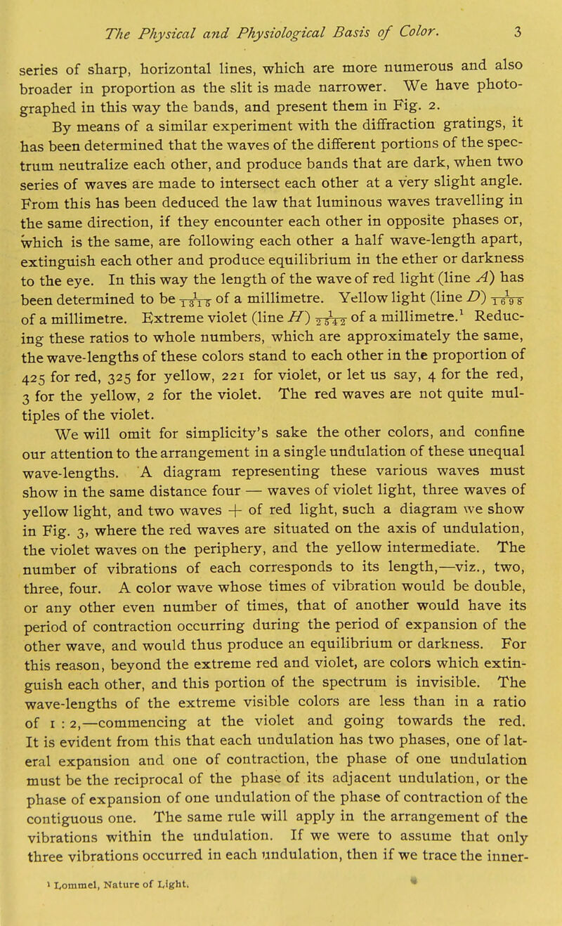 series of sharp, horizontal lines, which are more numerous and also broader in proportion as the slit is made narrower. We have photo- graphed in this way the bands, and present them in Fig. 2. By means of a similar experiment with the diffraction gratings, it has been determined that the waves of the different portions of the spec- trum neutralize each other, and produce bands that are dark, when two series of waves are made to intersect each other at a very slight angle. From this has been deduced the law that luminous waves travelling in the same direction, if they encounter each other in opposite phases or, which is the same, are following each other a half wave-length apart, extinguish each other and produce equilibrium in the ether or darkness to the eye. In this way the length of the wave of red light (line A) has been determined to be of a millimetre. Yellow light (line D) yeVs of a millimetre. Extreme violet (line ^) 2T¥2 of a millimetre.^ Reduc- ing these ratios to whole numbers, which are approximately the same, the wave-lengths of these colors stand to each other in the proportion of 425 for red, 325 for yellow, 221 for violet, or let us say, 4 for the red, 3 for the yellow, 2 for the violet. The red waves are not quite mul- tiples of the violet. We will omit for simplicity's sake the other colors, and confine our attention to the arrangement in a single undulation of these unequal wave-lengths. A diagram representing these various waves must show in the same distance four — waves of violet light, three waves of yellow light, and two waves + of red light, such a diagram we show in Fig. 3, where the red waves are situated on the axis of undulation, the violet waves on the periphery, and the yellow intermediate. The number of vibrations of each corresponds to its length,—viz., two, three, four. A color wave whose times of vibration would be double, or any other even number of times, that of another would have its period of contraction occurring during the period of expansion of the other wave, and would thus produce an equilibrium or darkness. For this reason, beyond the extreme red and violet, are colors which extin- guish each other, and this portion of the spectrum is invisible. The wave-lengths of the extreme visible colors are less than in a ratio of I : 2,—commencing at the violet and going towards the red. It is evident from this that each undulation has two phases, one of lat- eral expansion and one of contraction, the phase of one undulation must be the reciprocal of the phase of its adjacent undulation, or the phase of expansion of one undulation of the phase of contraction of the contiguous one. The same rule will apply in the arrangement of the vibrations within the undulation. If we were to assume that only three vibrations occurred in each undulation, then if we trace the inner- »I^ommel, Nature of Light. •