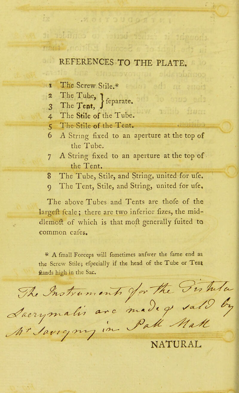 REFERENCES TO THE PLATE. 1 The Screw Stile.* 2 The Tube, 1 , 3 The Tent, P'^''^''' 4 The Stile of the Tube. 5 The Stile of the Tent. - ■-• 6 A String fixed to an aperture at the top of the Tube. 7 A String fixed to an aperture at the top of- the Tent. 8 The Tube, Stile, and String, united for ufe. 9 The Tent, Stile, and String, united for ufe. The above Tubes and Tents are thofe of the largeft fcale; there are two inferior fizes, the mid-= dlemoft of which is that moft generally fuited to common cafes. * A fmall Forceps will foraetimes anfwcr the fame end as the Screw Stile; efpecially if the head of the Tube or Tcni ftands high in the Sac. ^^...^^.-x; ^^^^^^ ^-^^ NATURAL