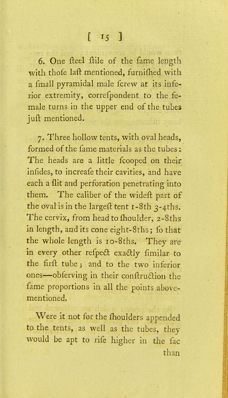 6. One fteel ftile of the fame length with thofe laft mentioned, furnifhed with a fmall pyramidal male fcrew at its infe- rior extremity, correfpondent to the fe- male turns in the upper end of the tubes juft mentioned. 7. Three hollow tents, with oval heads, formed of the fame materials as the tubes: The heads are a little fcooped on their infides, to increafe their cavities, and have each a flit and perforation penetrating into them. The caliber of the wideft part of the oval is in the largeft tent i-8th 3-4ths. The cervix, from head to fhoulder, 2-8ths in length, and its cone eight-8ths; fo that the whole length is io-8ths. They are in every other refped exadlly fimilar to the firft tube and to the two inferior ones—obferving in their conftrudioii the fame proportions in all the points above- mentioned. Were it not for the flioulders appended to the tents, as well as the tubes, they would be apt to rife higher in the fac than