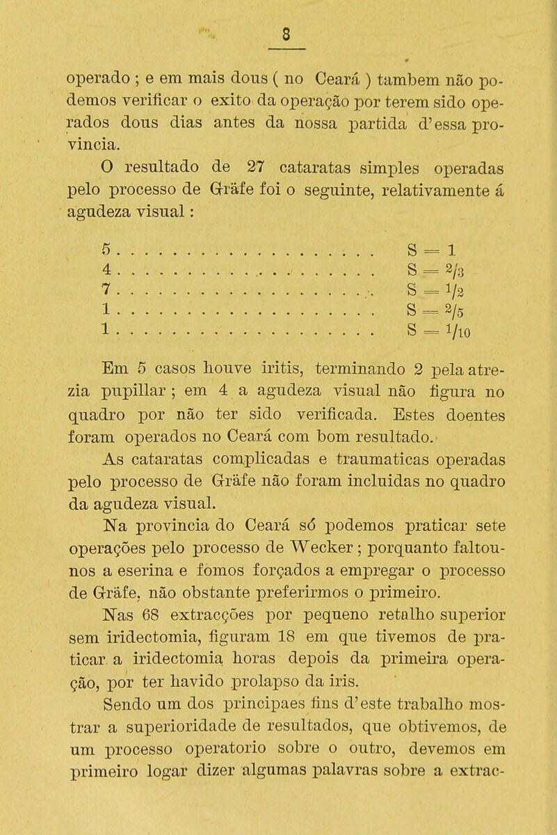 operado ; e em mais dons ( no Ceará ) também não po- demos verificar o êxito da operação por terem sido ope- rados dons dias antes da nossa partida d' essa pro- vincia. O resultado de 27 cataratas simples operadas pelo processo de G-râfe foi o seguinte, relativamente á agudeza visual: 5 S=l 4 S = 2/3 7 S = 1/2 1 S = 2/5 1 S = i/io Em 5 casos houve iritis, terminando 2 pelaatre- zia pupillar ; em 4 a agudeza visual não figura no quadro por não ter sido verificada. Estes doentes foram operados no Ceará com bom resultado. As cataratas complicadas e traumáticas operadas pelo processo de G-ráfe não foram incluídas no quadro da agudeza visual. Na província do Ceará só podemos praticar sete operações pelo processo de Wecker; porquanto faltou- nos a eserina e fomos forçados a empregar o iDrocesso de G-râfe, não obstante preferirmos o primeiro. Nas 68 extracções por pequeno retalho superior sem iridectomia, figuram 18 em que tivemos de pra- ticar a iridectomia horas depois da primeira opera- ção, por ter havido prolapso da iris. Sendo um dos principaes fins d'este trabalho mos- trar a superioridade de resultados, que obtivemos, de um processo operatório sobre o outro, devemos em primeiro logar dizer algumas palavras sobre a extrac-