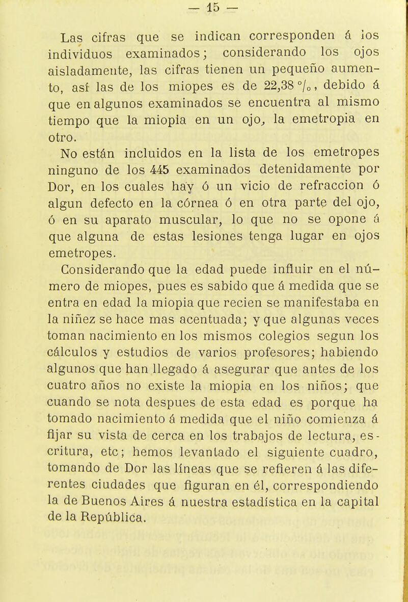 Las cifras que se indican corresponden á ios individuos examinados; considerando los ojos aisladamente, las cifras tienen un pequeño aumen- to, así las de los miopes eá de 22,38 °/o, debido á que en algunos examinados se encuentra al mismo tiempo que la miopía en un ojo^ la emetropía en otro. No están incluidos en la lista de los emetropes ninguno de los 445 examinados detenidamente por Dor, en los cuales hay ó un vicio de refracción ó algún defecto en la córnea ó en otra parte del ojo, ó en su aparato muscular, lo que no se opone a que alguna de estas lesiones tenga lugar en ojos emetropes. Considerando que la edad puede influir en el nú- mero de miopes, pues es sabido que á medida que se entra en edad la miopía que recien se manifestaba en la niñez se hace mas acentuada; y que algunas veces toman nacimiento en los mismos colegios según los cálculos y estudios de varios profesores; habiendo algunos que han llegado á asegurar que antes de los cuatro años no existe la miopía en los niños; que cuando se nota después de esta edad es porque ha tomado nacimiento á medida que el niño comienza á fijar su vista de cerca en los trabajos de lectura, es- critura, etc; hemos levantado el siguiente cuadro, tomando de Dor las líneas que se refieren á las dife- rentes ciudades que figuran en él, correspondiendo la de Buenos Aires á nuestra estadística en la capital de la República.